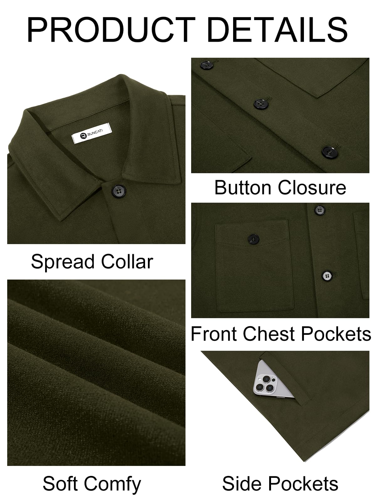 Runcati Mens Lightweight Shirt Jacket Button Down Long Sleeve Shacket Casual Fall Warm Work Stylish Jackets with Pocket