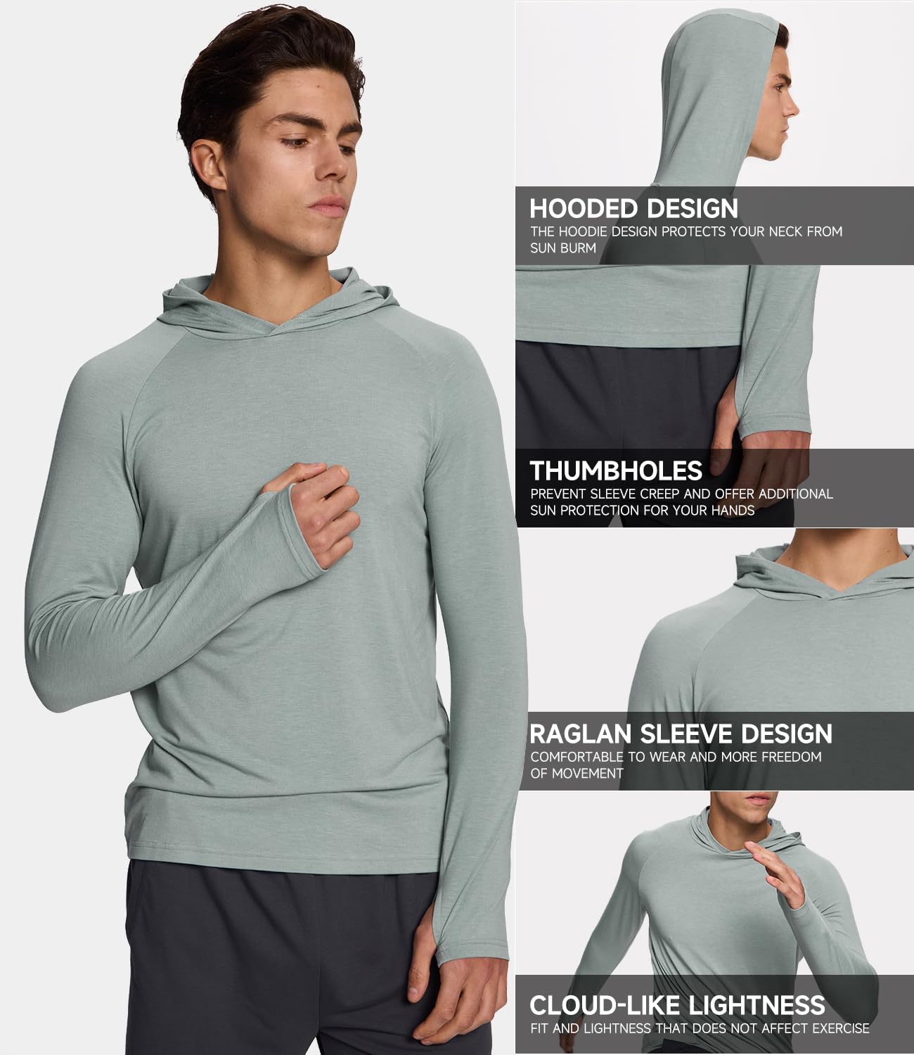 BAMBOO COOL Men's UPF 50+ Athletic Sun Protection Hoodies Long Sleeve SPF Fishing Thumbhole Shirts Hooded Soft Lightweight