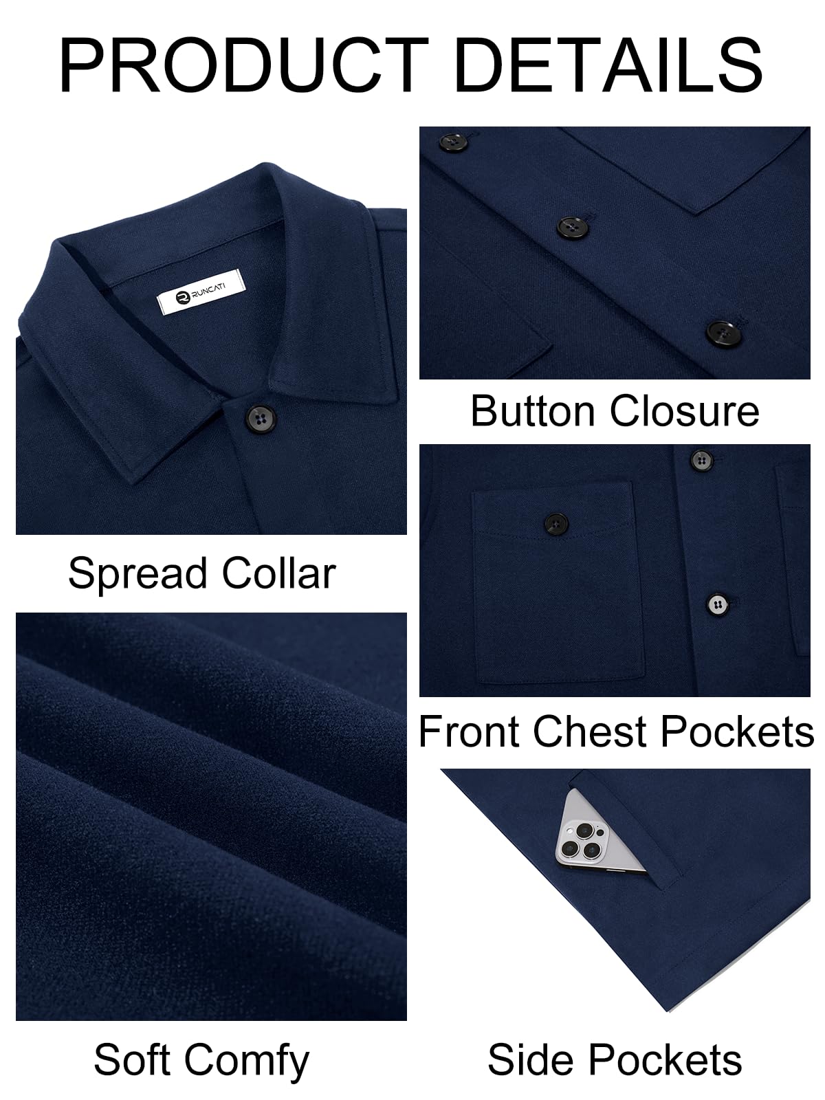 Runcati Mens Lightweight Shirt Jacket Button Down Long Sleeve Shacket Casual Fall Warm Work Stylish Jackets with Pocket