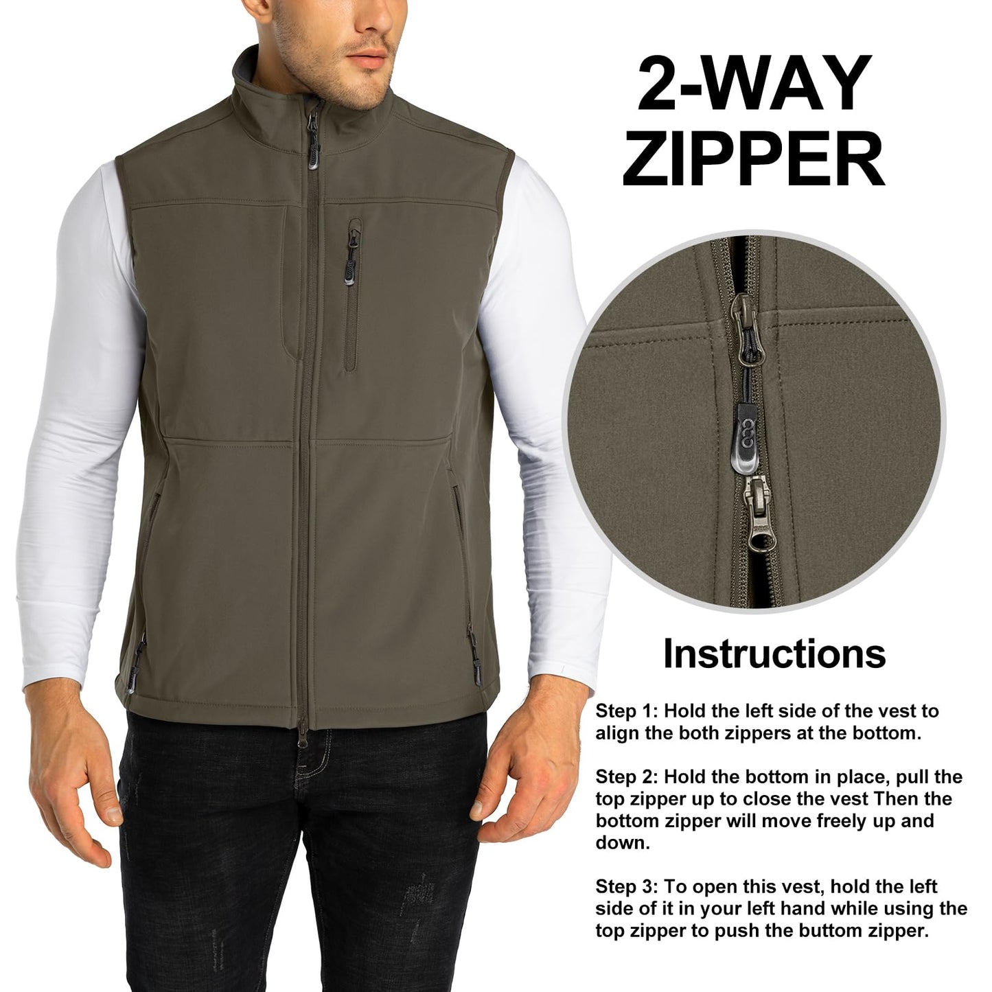 33,000ft Men's Lightweight Softshell Vest Outerwear Zip Up Fleece Lined Windproof Sleeveless Jacket for Golf Running Hiking