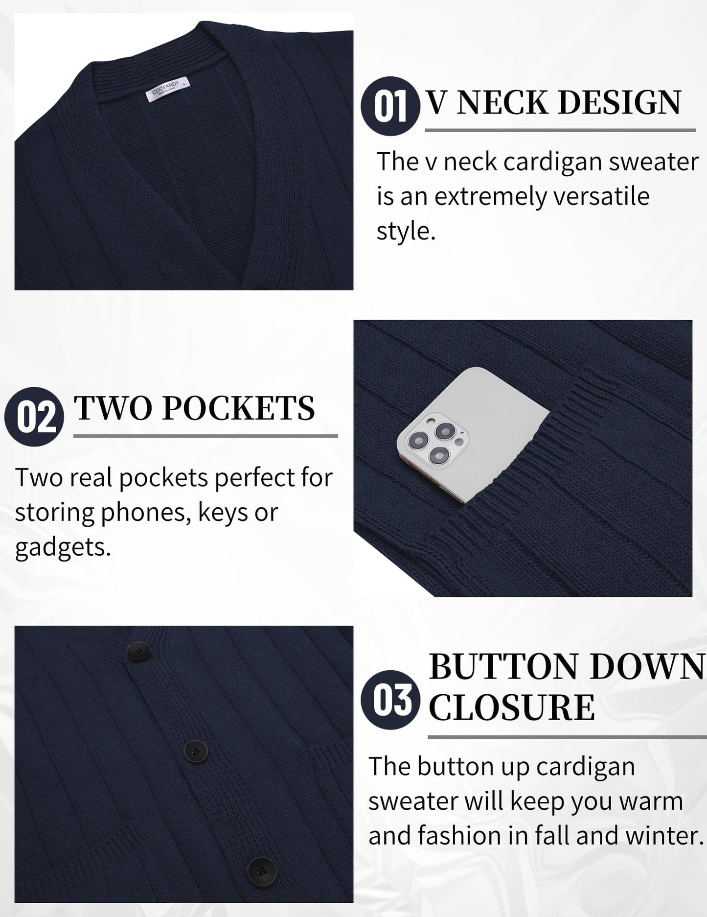 COOFANDY Men's Cardigan Sweater Cable Knit V Neck Button up Sweaters Ribbed Cardigan Sweater with Pockets