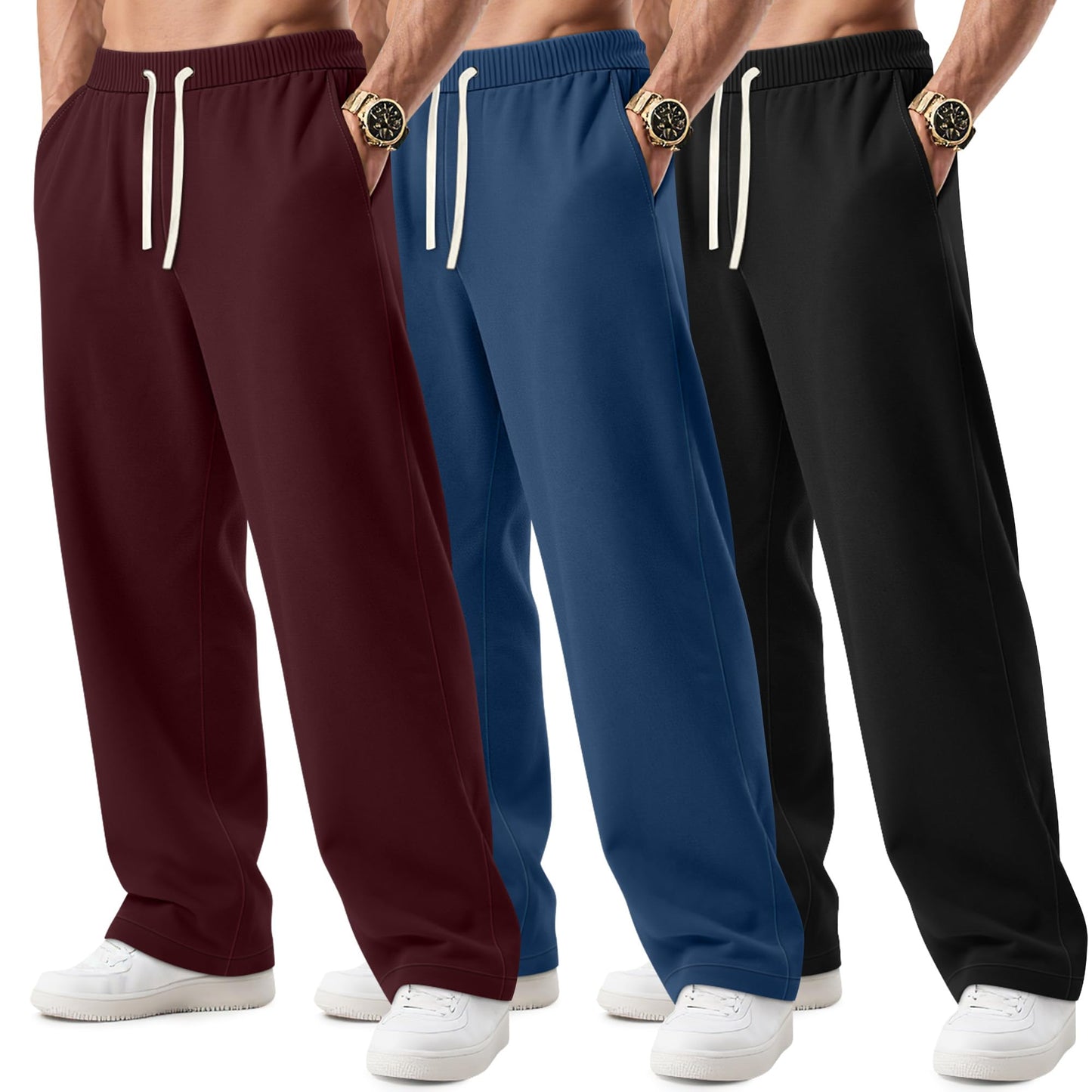 3 Pack Big and Tall Men's Sweatpants Open Bottom Athletic Pants Drawstring Elastic Waist with Pockets