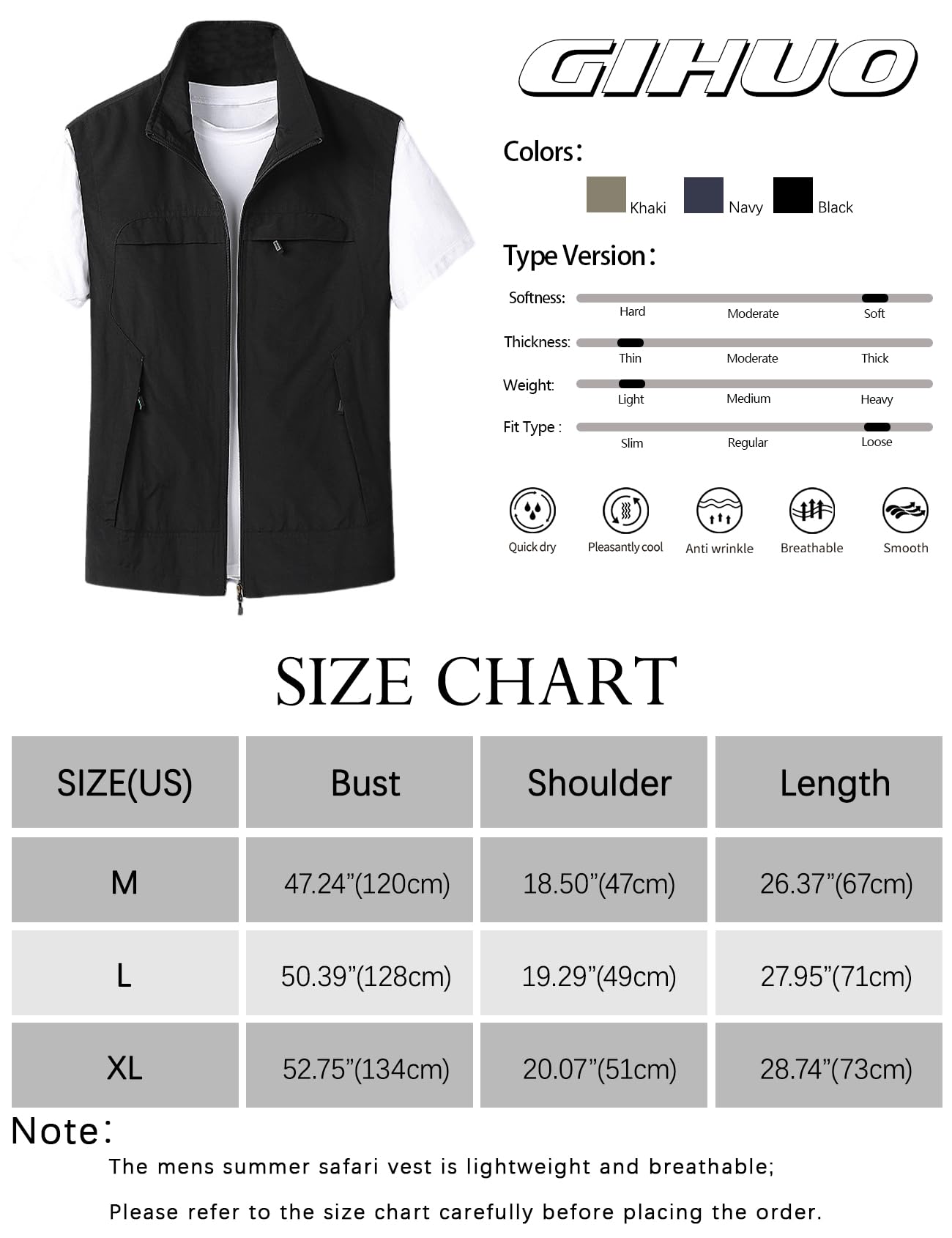 Gihuo Mens Casual Lightweight Travel Vest Summer Utility Safari Vest Sleeveless Jackets for Travel Hiking Fishing