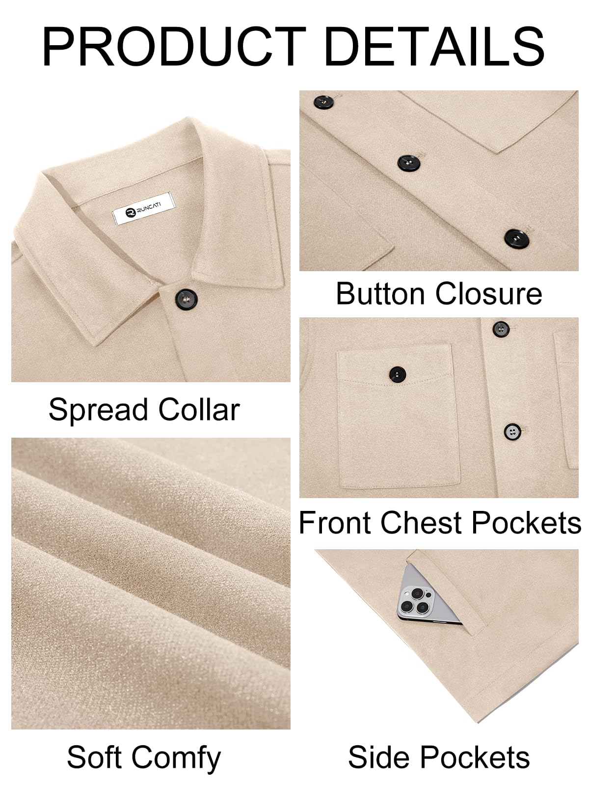 Runcati Mens Lightweight Shirt Jacket Button Down Long Sleeve Shacket Casual Fall Warm Work Stylish Jackets with Pocket