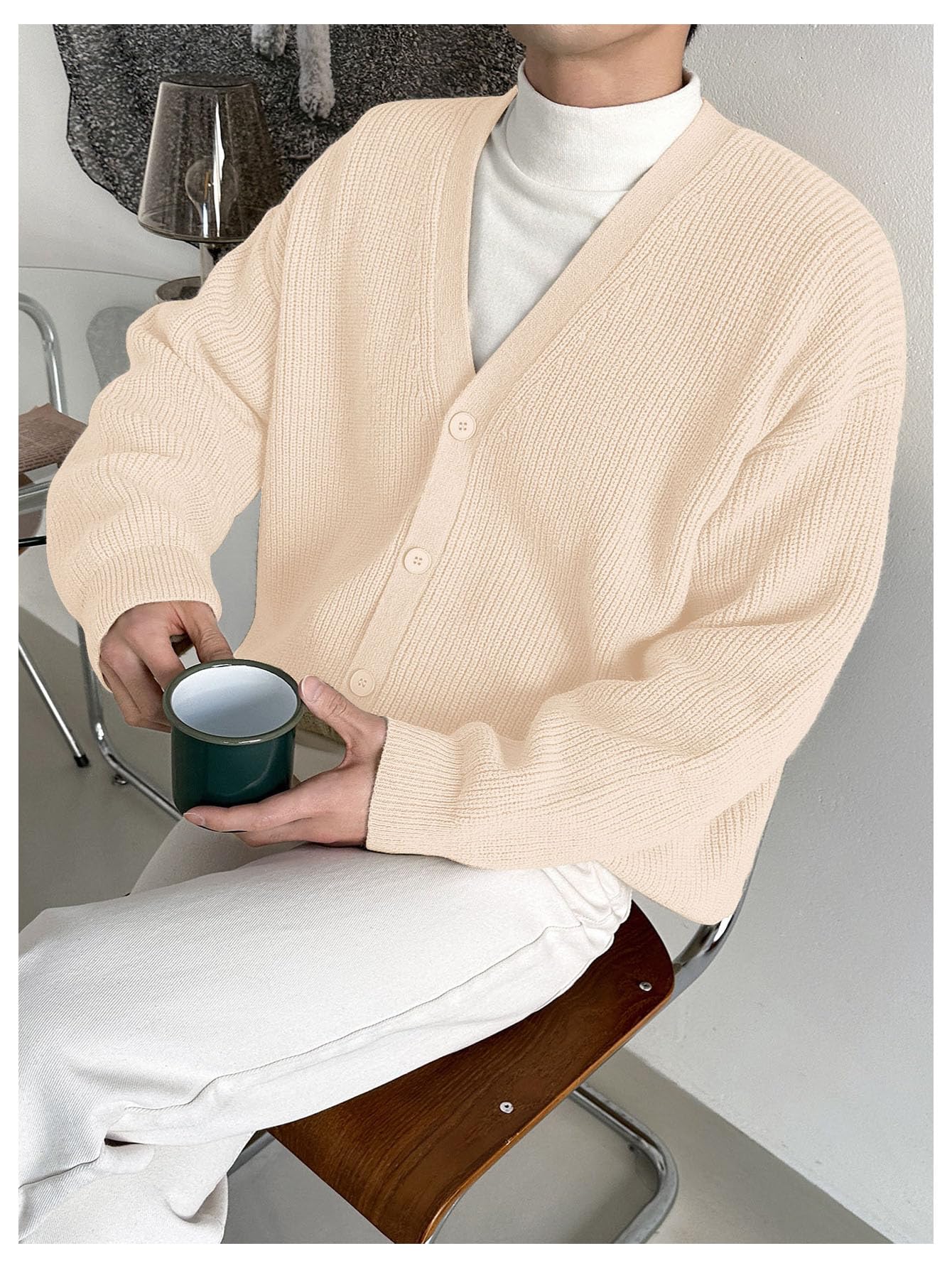 Floerns Men's Casual Long Sleeve Button Front V Neck Rib Knit Cardigan Sweaters