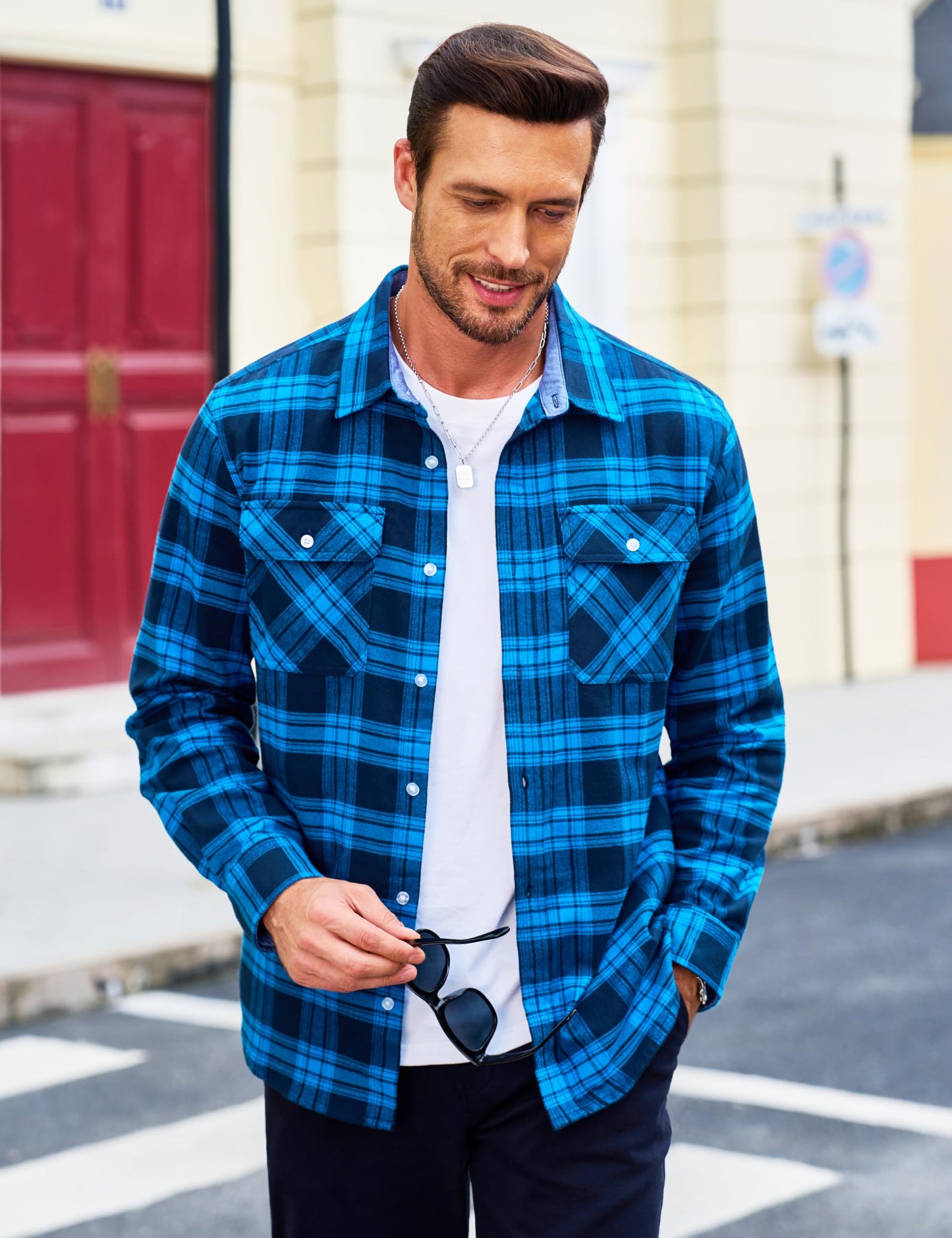 MAGCOMSEN Men's Flannel Shirts Cotton Long Sleeve Plaid Shirt Casual Fashion Button Up Shirts Jackets with 2 Pockets