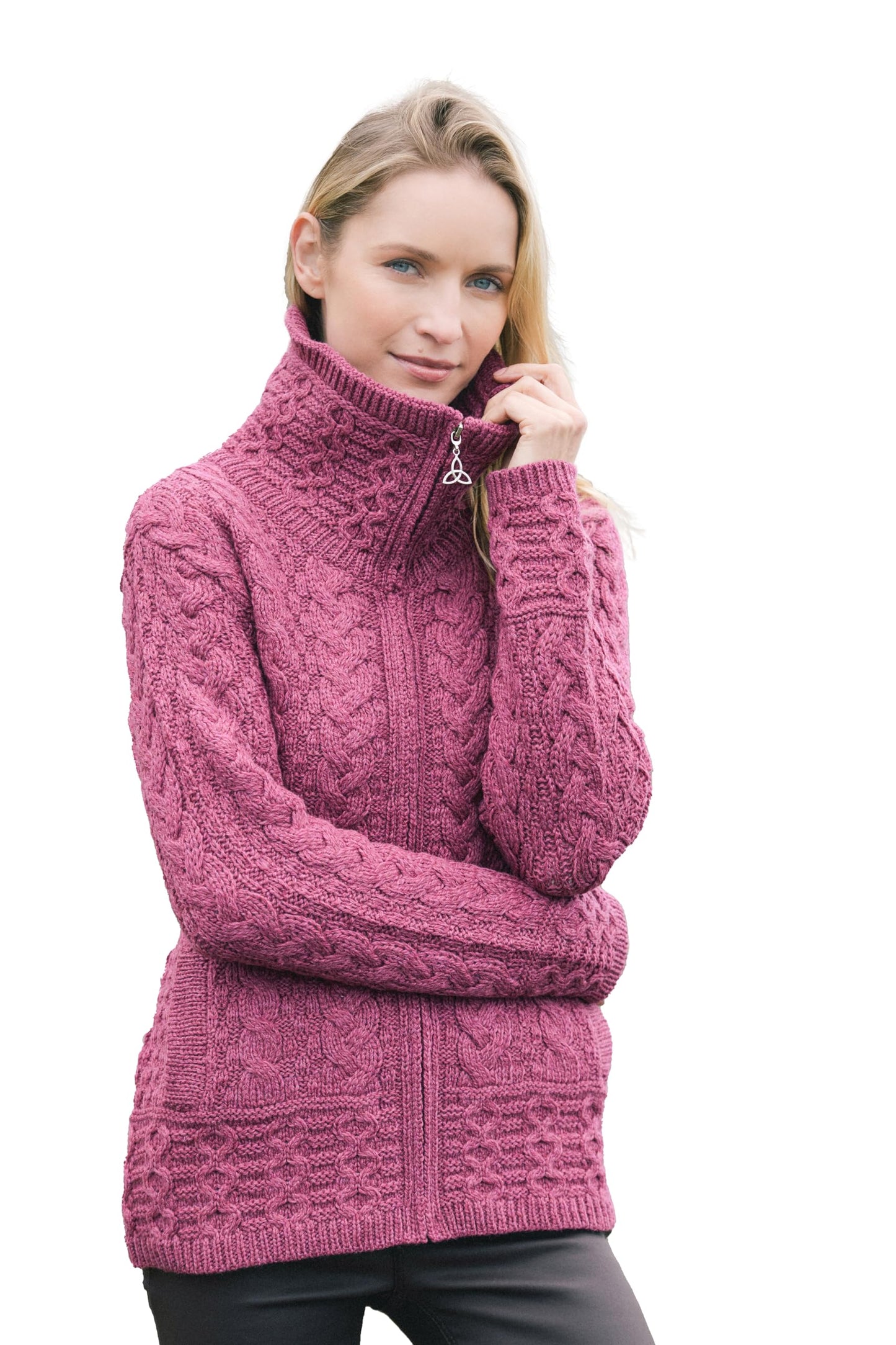 Aran Crafts Irish Women's Double Collar Zip Cardigan (100% Merino Wool)
