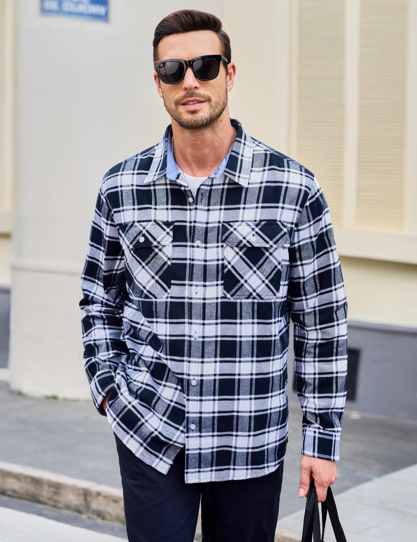 MAGCOMSEN Men's Flannel Shirts Cotton Long Sleeve Plaid Shirt Casual Fashion Button Up Shirts Jackets with 2 Pockets