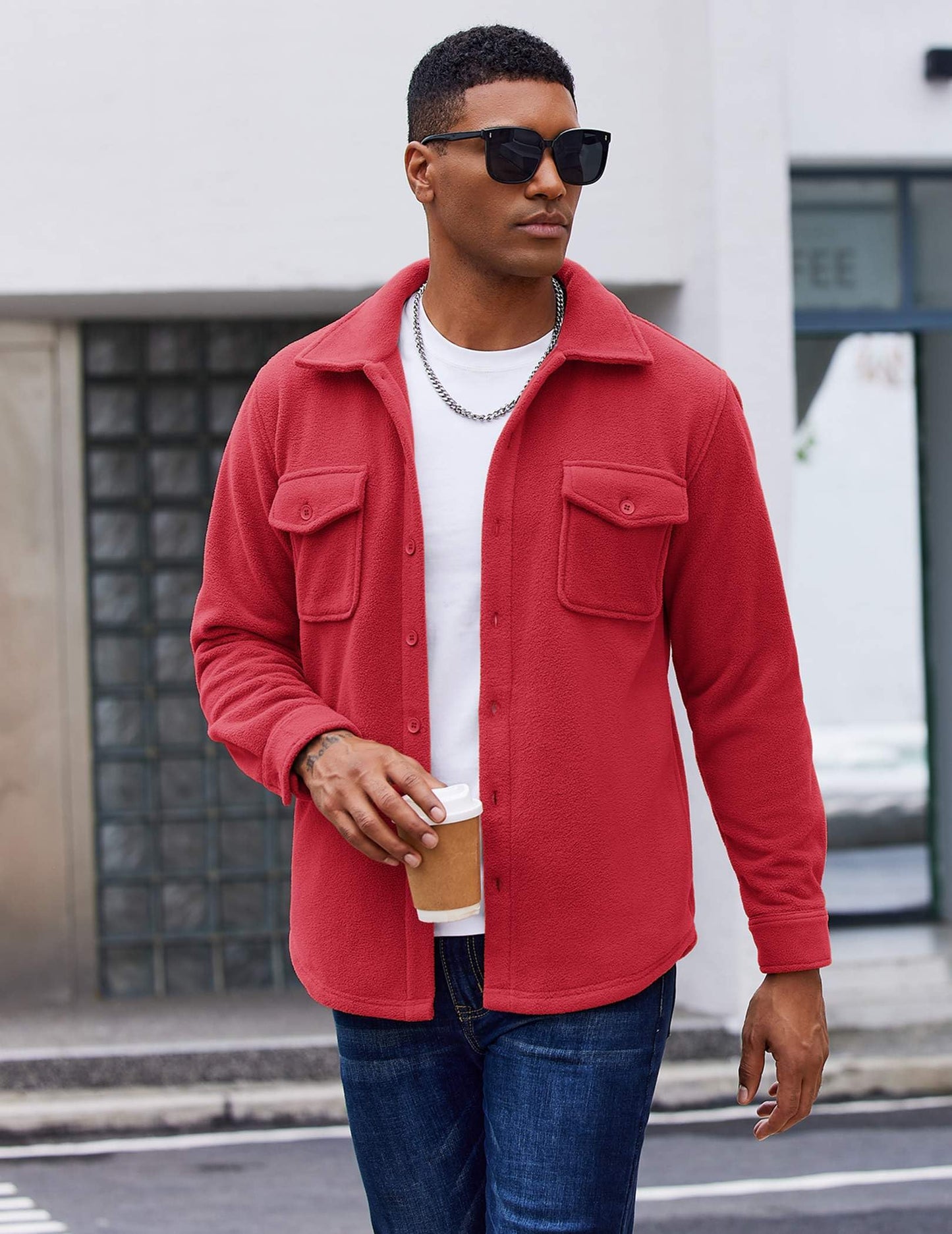 COOFANDY Men's Polar Fleece Shirt Jacket Long Sleeve Casual Button Down Shirts Shacket with Pockets