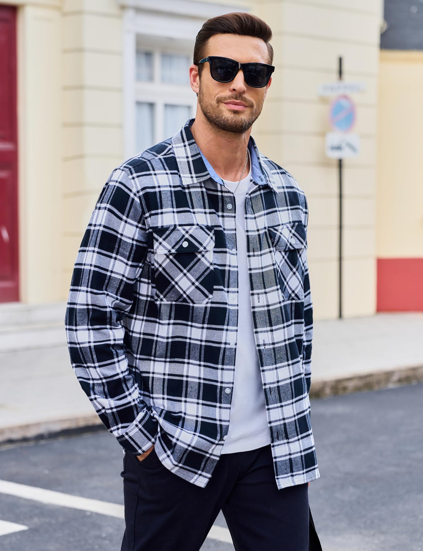 MAGCOMSEN Men's Flannel Shirts Cotton Long Sleeve Plaid Shirt Casual Fashion Button Up Shirts Jackets with 2 Pockets