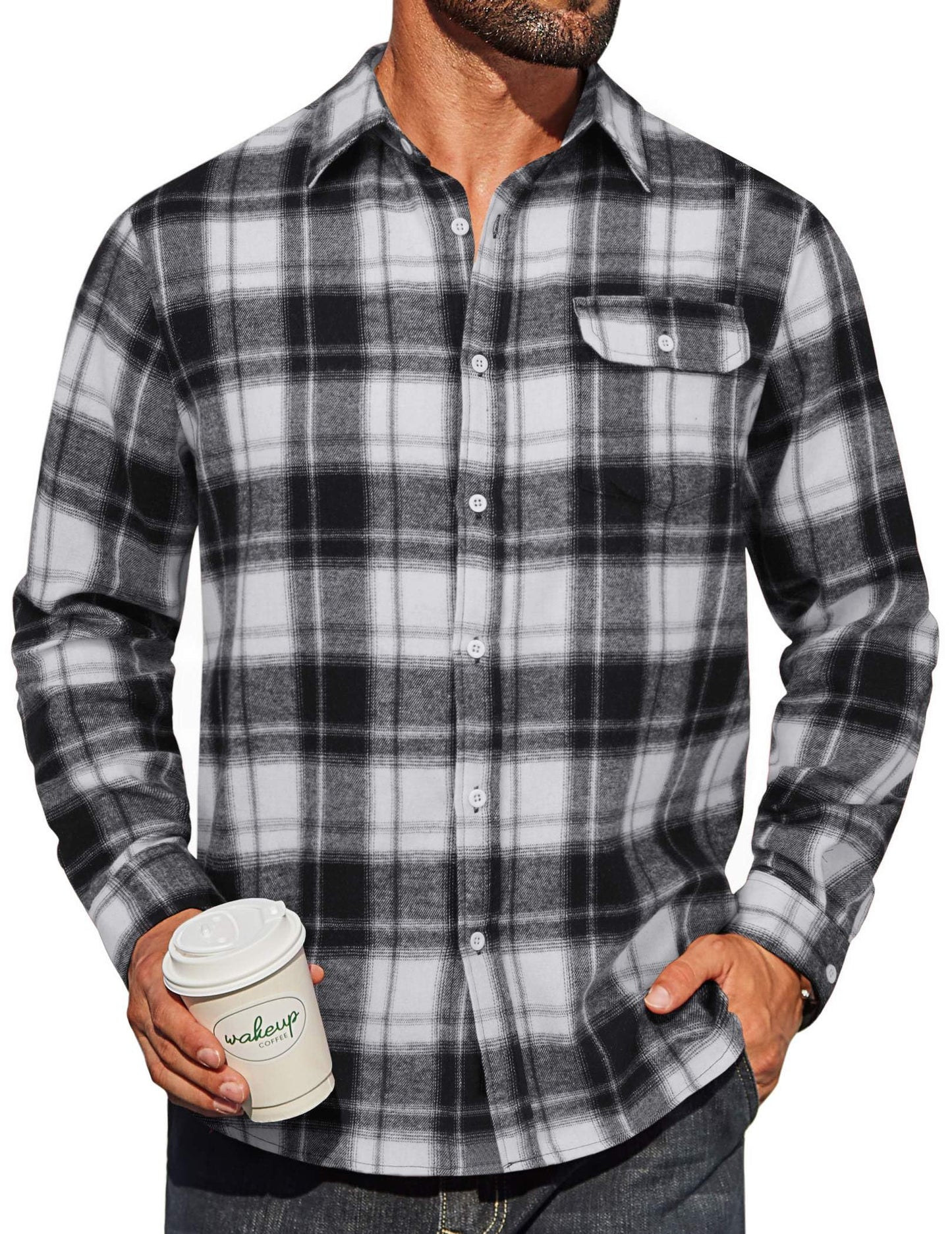 COOFANDY Mens Flannel Plaid Shirts Long Sleeve Casual Button Down Cotton Shirt with Pocket