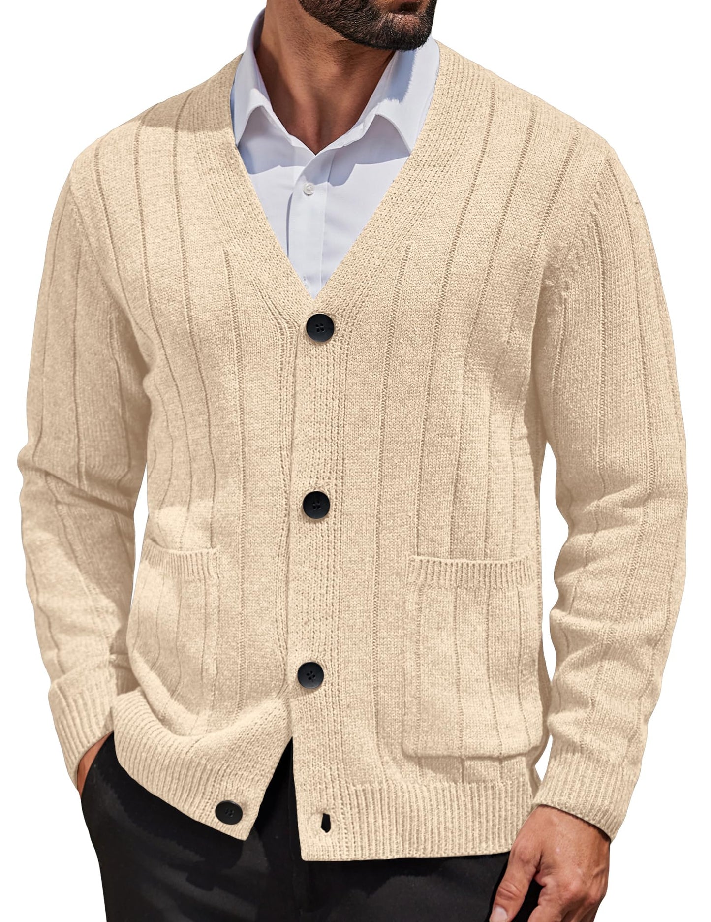 COOFANDY Men's Cardigan Sweater Cable Knit V Neck Button up Sweaters Ribbed Cardigan Sweater with Pockets