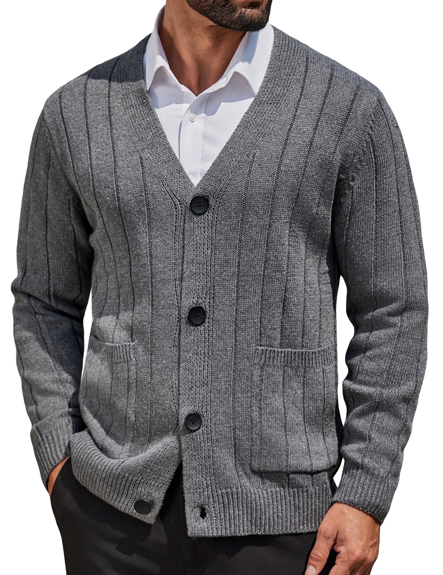 COOFANDY Men's Cardigan Sweater Cable Knit V Neck Button up Sweaters Ribbed Cardigan Sweater with Pockets