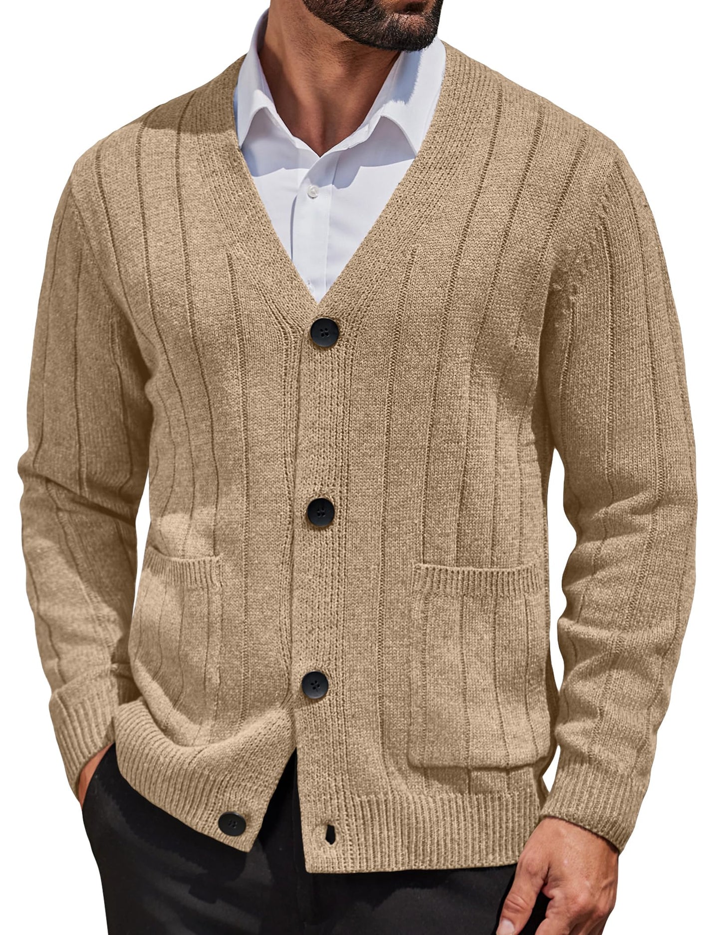 COOFANDY Men's Cardigan Sweater Cable Knit V Neck Button up Sweaters Ribbed Cardigan Sweater with Pockets