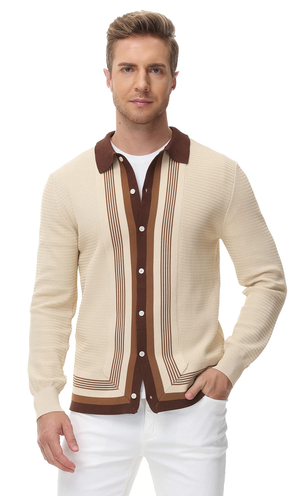 PJ PAUL JONES Men‘s Button Down Polo Shirts Striped Knitted Cardigan Sweaters