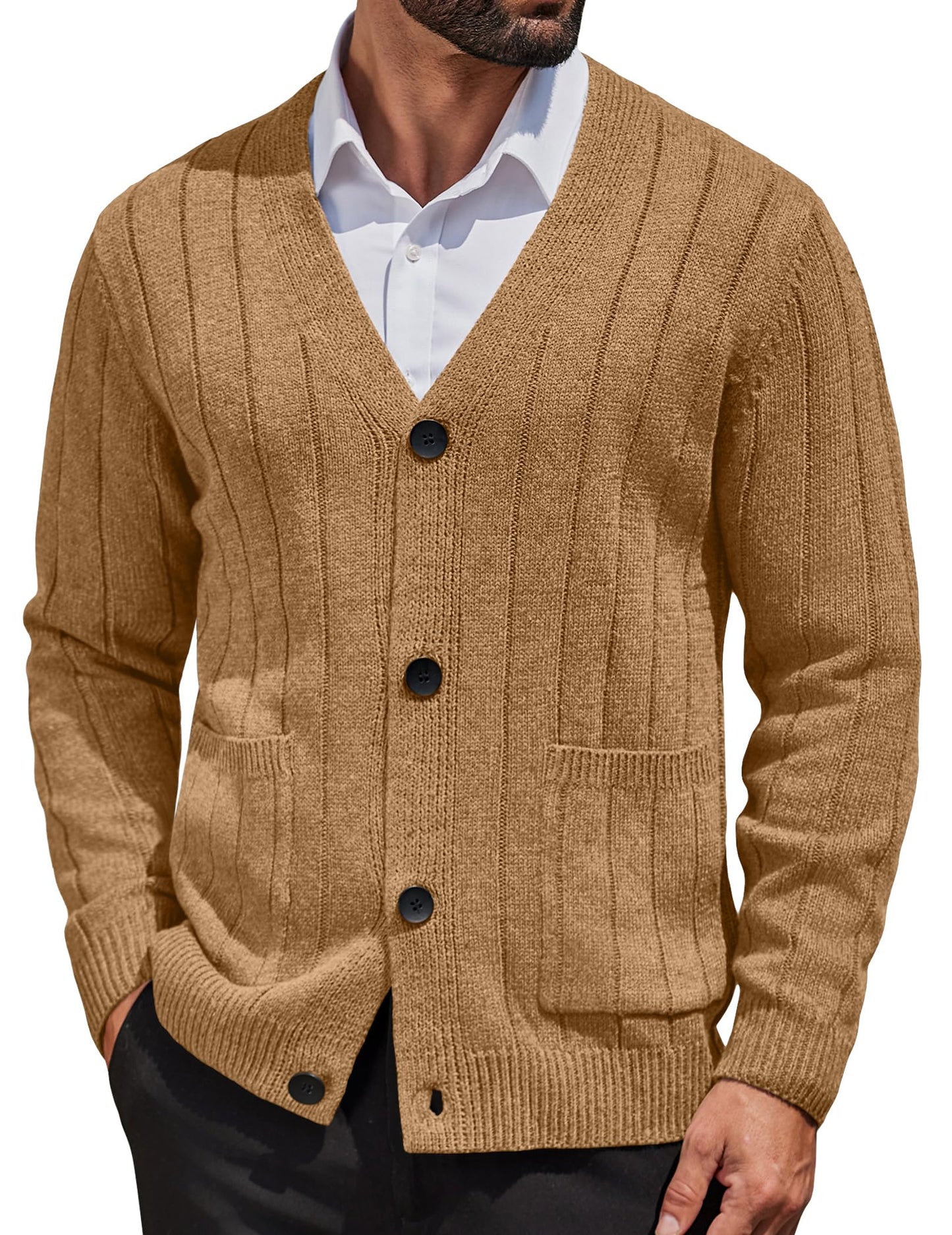 COOFANDY Men's Cardigan Sweater Cable Knit V Neck Button up Sweaters Ribbed Cardigan Sweater with Pockets