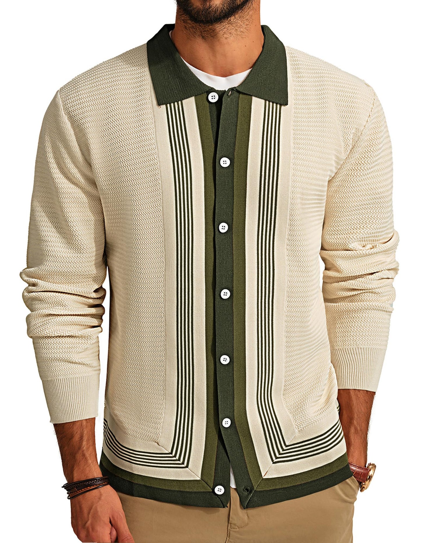 PJ PAUL JONES Men‘s Button Down Polo Shirts Striped Knitted Cardigan Sweaters