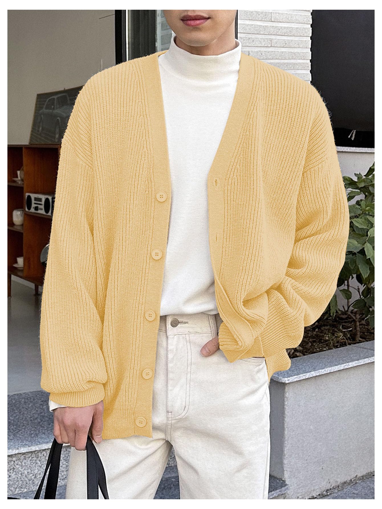 Floerns Men's Casual Long Sleeve Button Front V Neck Rib Knit Cardigan Sweaters