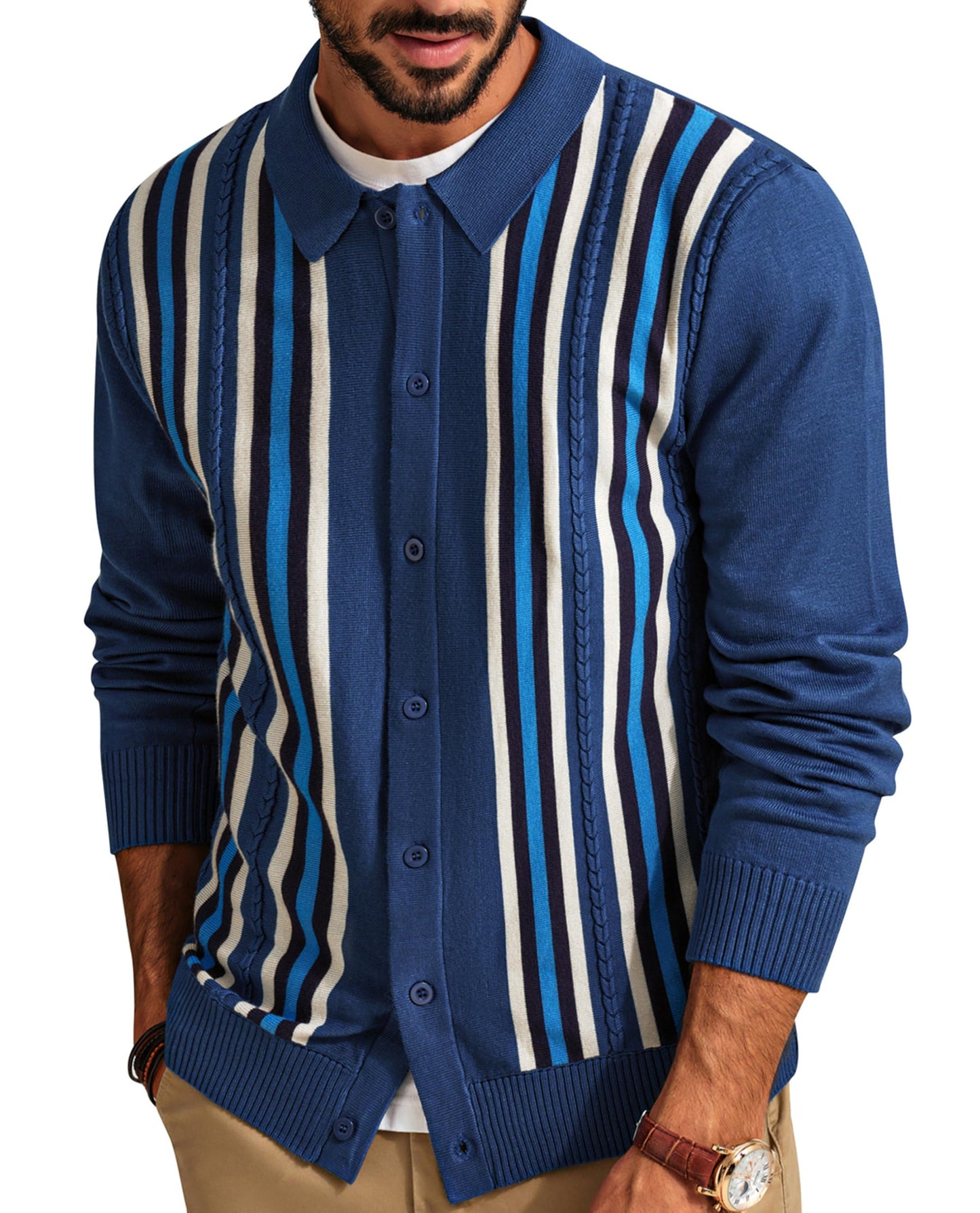 PJ PAUL JONES Mens Vintage Striped Knit Polo Shirt Long Sleeve Button Down Cardigan Sweater