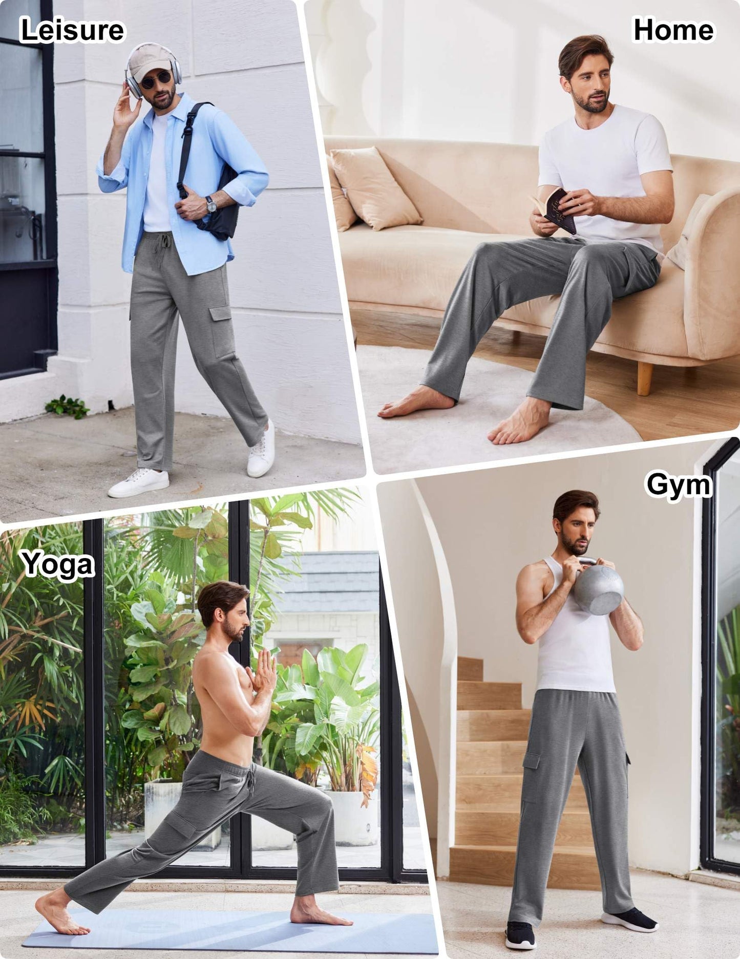 PINSPARK Cargo Sweatpants for Men with Pockets Open Bottom Baggy Cotton Sweatpants Lightweight Lounge Sweat Pants for Yoga