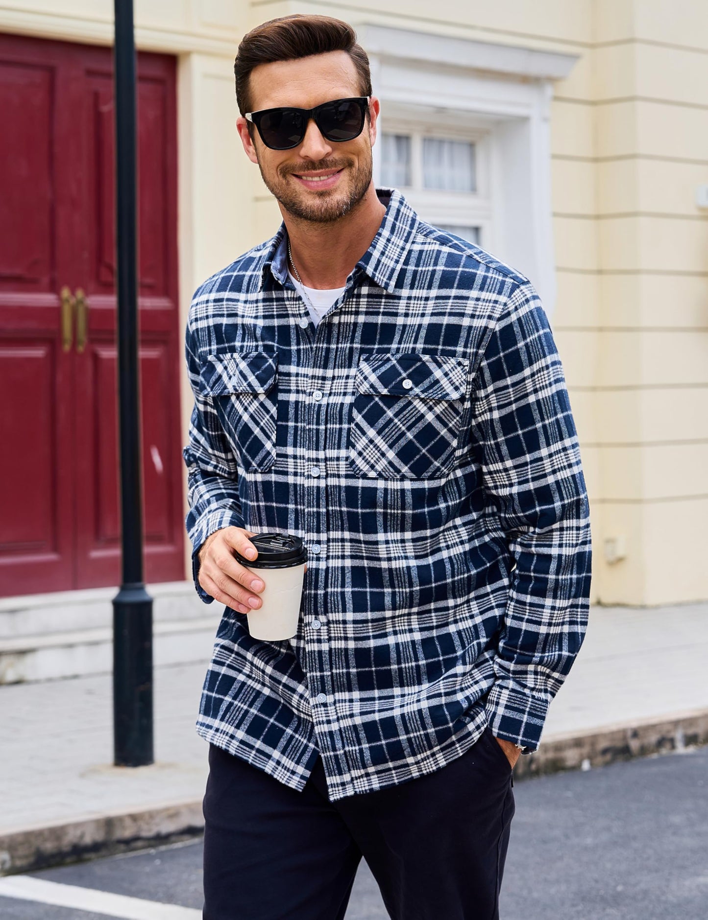 MAGCOMSEN Men's Flannel Shirts Cotton Long Sleeve Plaid Shirt Casual Fashion Button Up Shirts Jackets with 2 Pockets