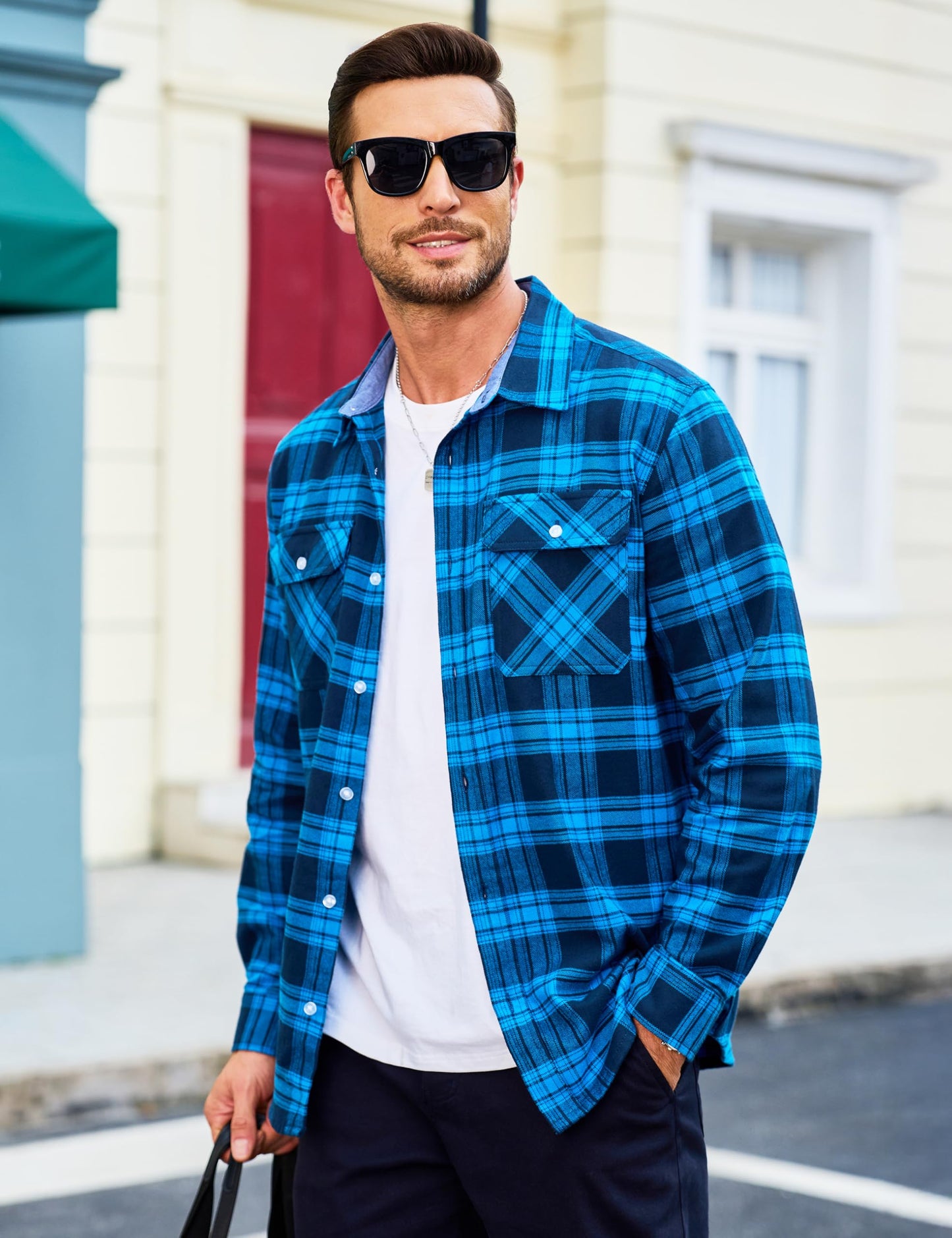 MAGCOMSEN Men's Flannel Shirts Cotton Long Sleeve Plaid Shirt Casual Fashion Button Up Shirts Jackets with 2 Pockets