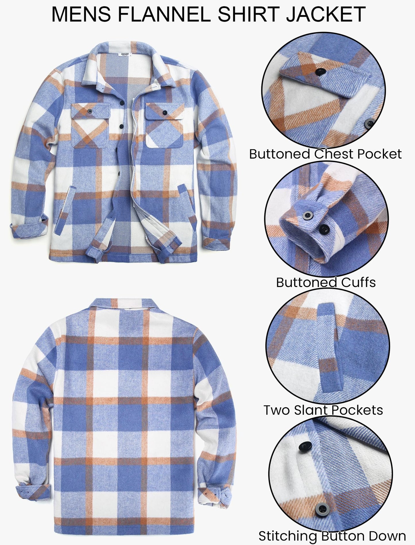 COOFANDY Men's Flannel Jacket Long Sleeve Plaid Shirt Jackets Button Down Fleece Shacket Casual Fall Soft Outwear