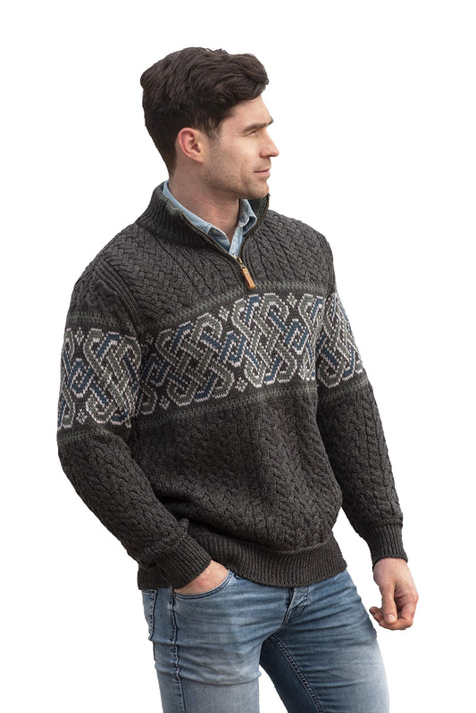 Aran Crafts Men's Irish Cable Knit Half Zip Jacquard Sweater (100% Merino Wool)