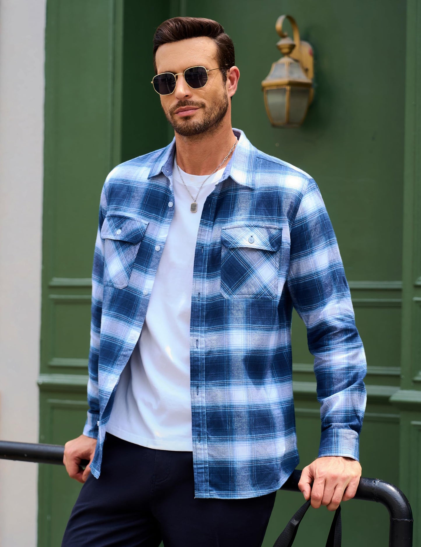 MAGCOMSEN Men's Flannel Shirts Cotton Long Sleeve Plaid Shirt Casual Fashion Button Up Shirts Jackets with 2 Pockets