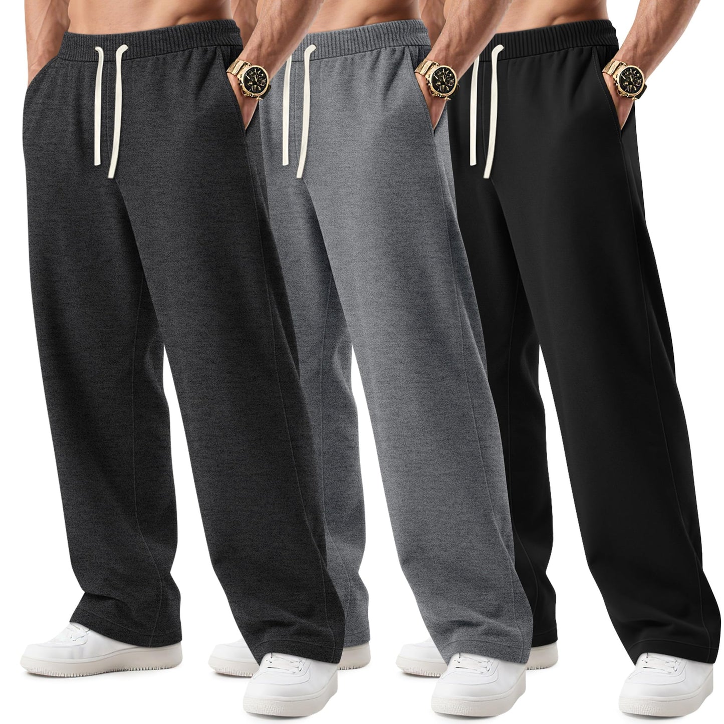 3 Pack Big and Tall Men's Sweatpants Open Bottom Athletic Pants Drawstring Elastic Waist with Pockets