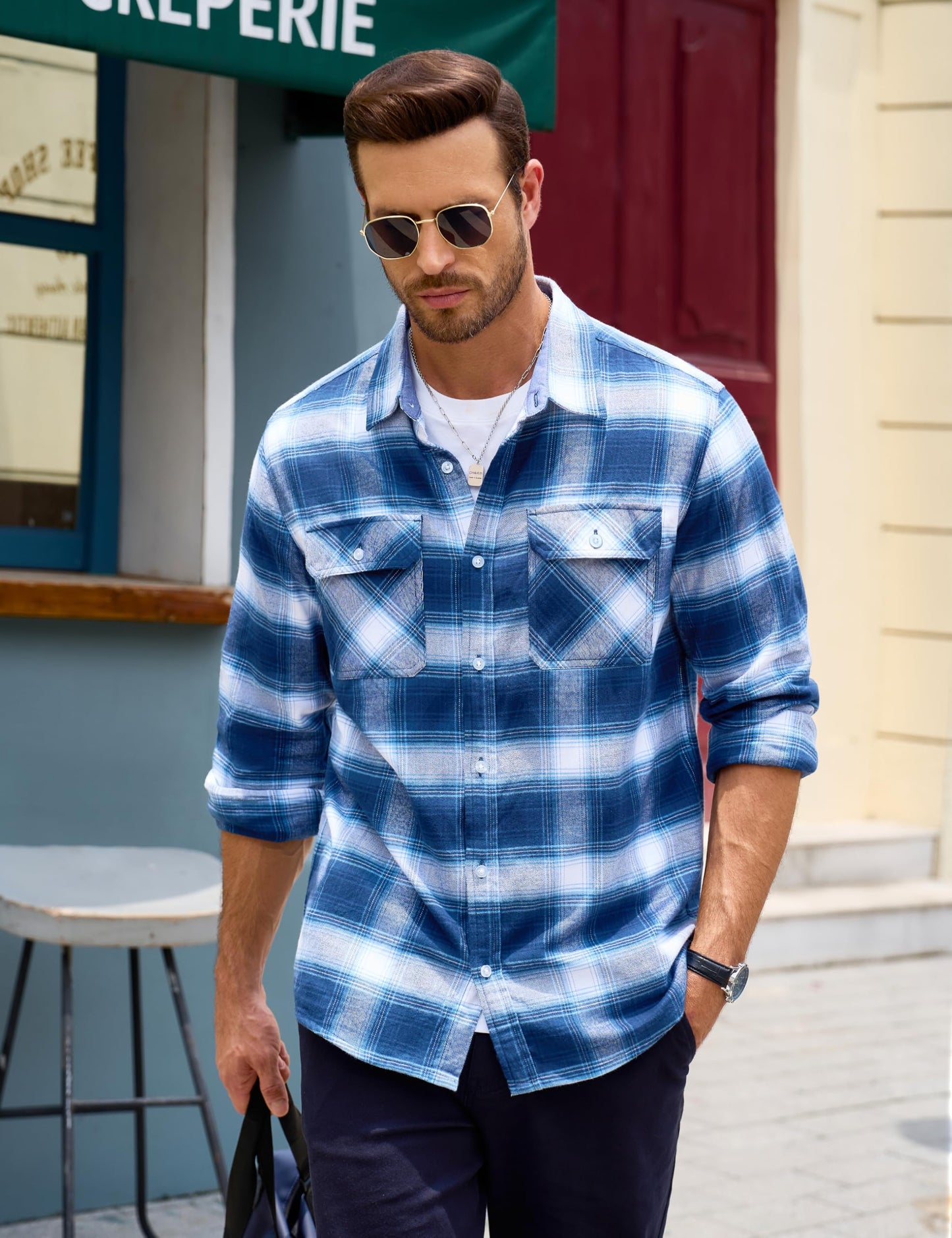 MAGCOMSEN Men's Flannel Shirts Cotton Long Sleeve Plaid Shirt Casual Fashion Button Up Shirts Jackets with 2 Pockets