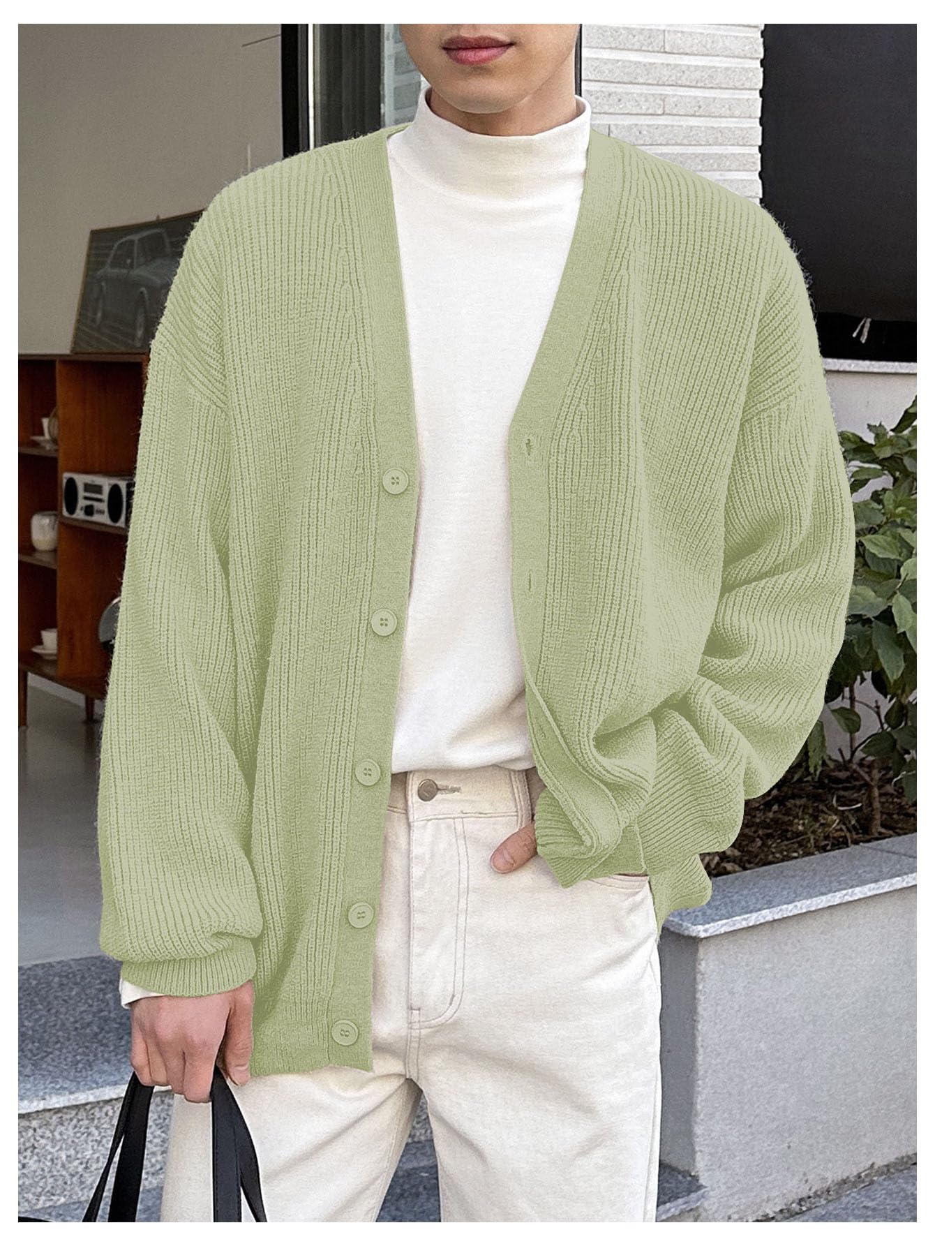Floerns Men's Casual Long Sleeve Button Front V Neck Rib Knit Cardigan Sweaters