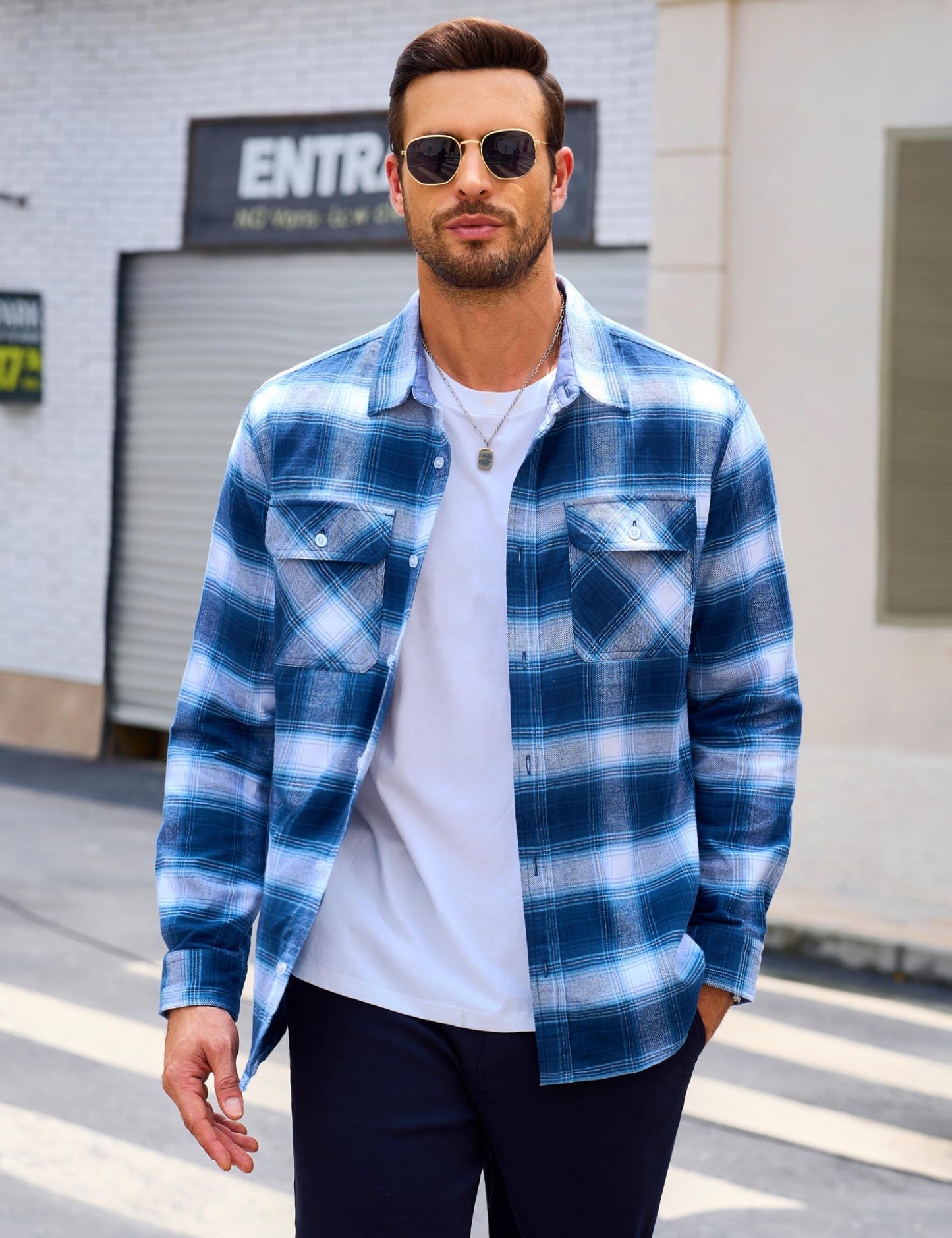 MAGCOMSEN Men's Flannel Shirts Cotton Long Sleeve Plaid Shirt Casual Fashion Button Up Shirts Jackets with 2 Pockets