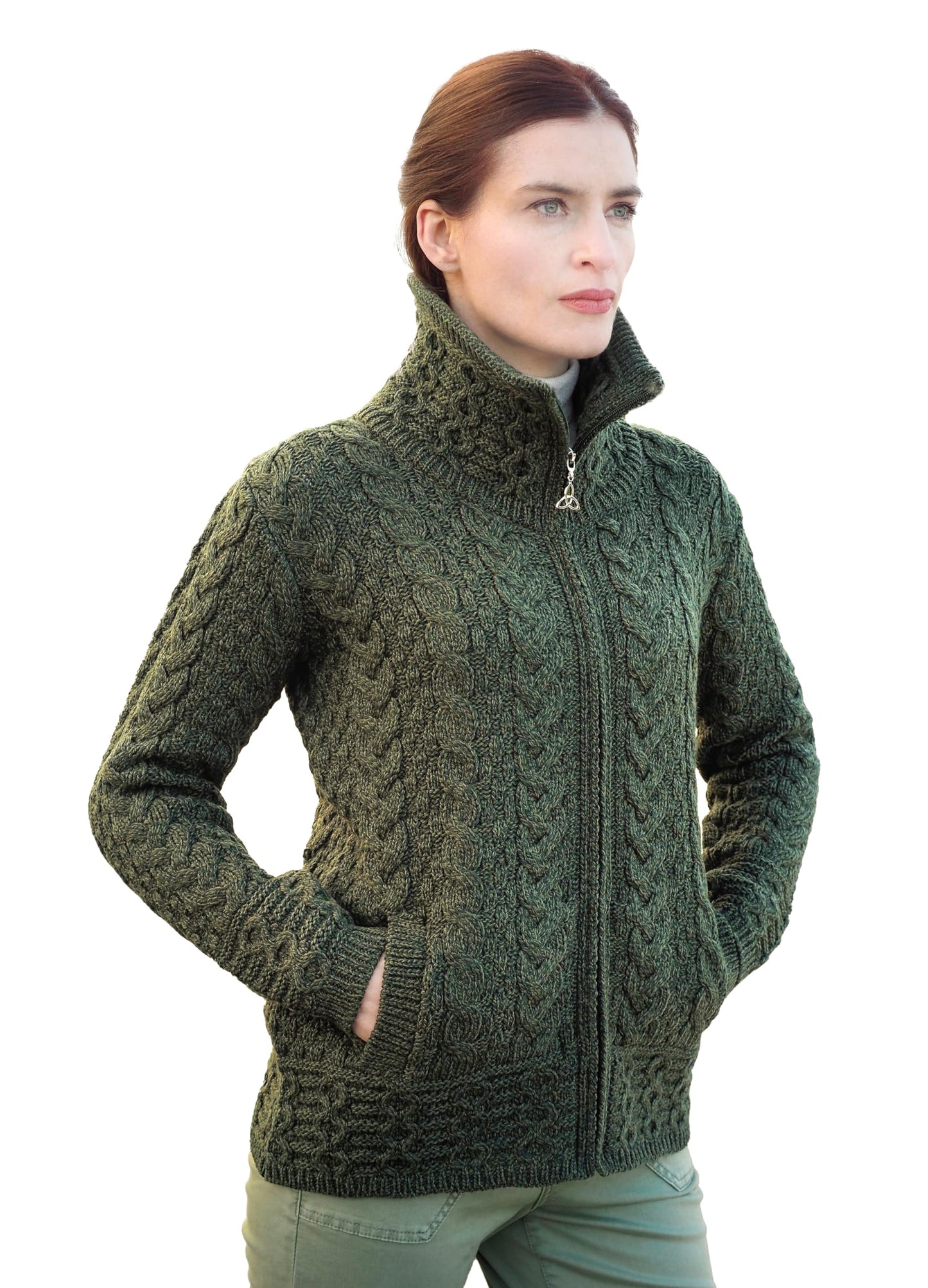 Aran Crafts Irish Women's Double Collar Zip Cardigan (100% Merino Wool)