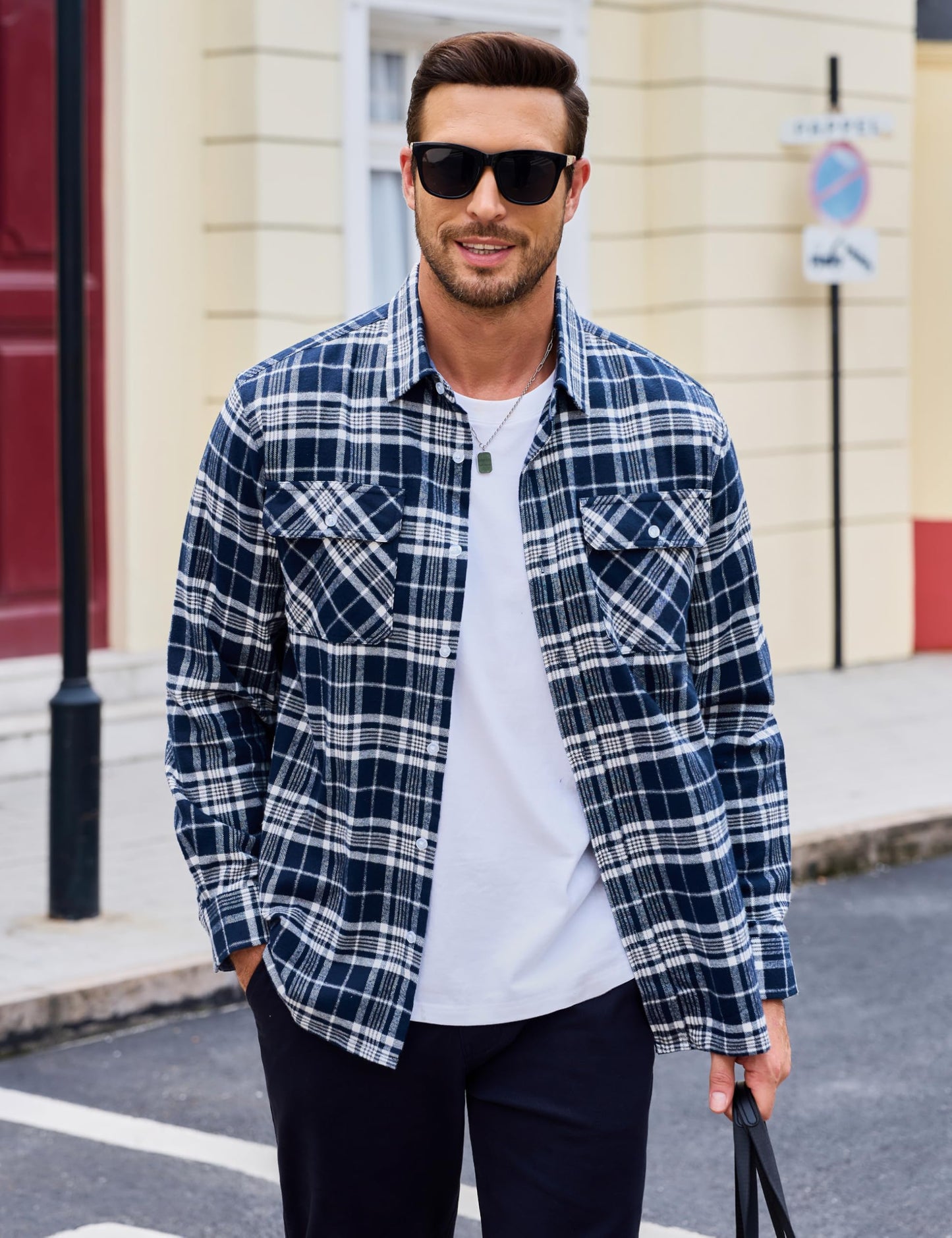 MAGCOMSEN Men's Flannel Shirts Cotton Long Sleeve Plaid Shirt Casual Fashion Button Up Shirts Jackets with 2 Pockets