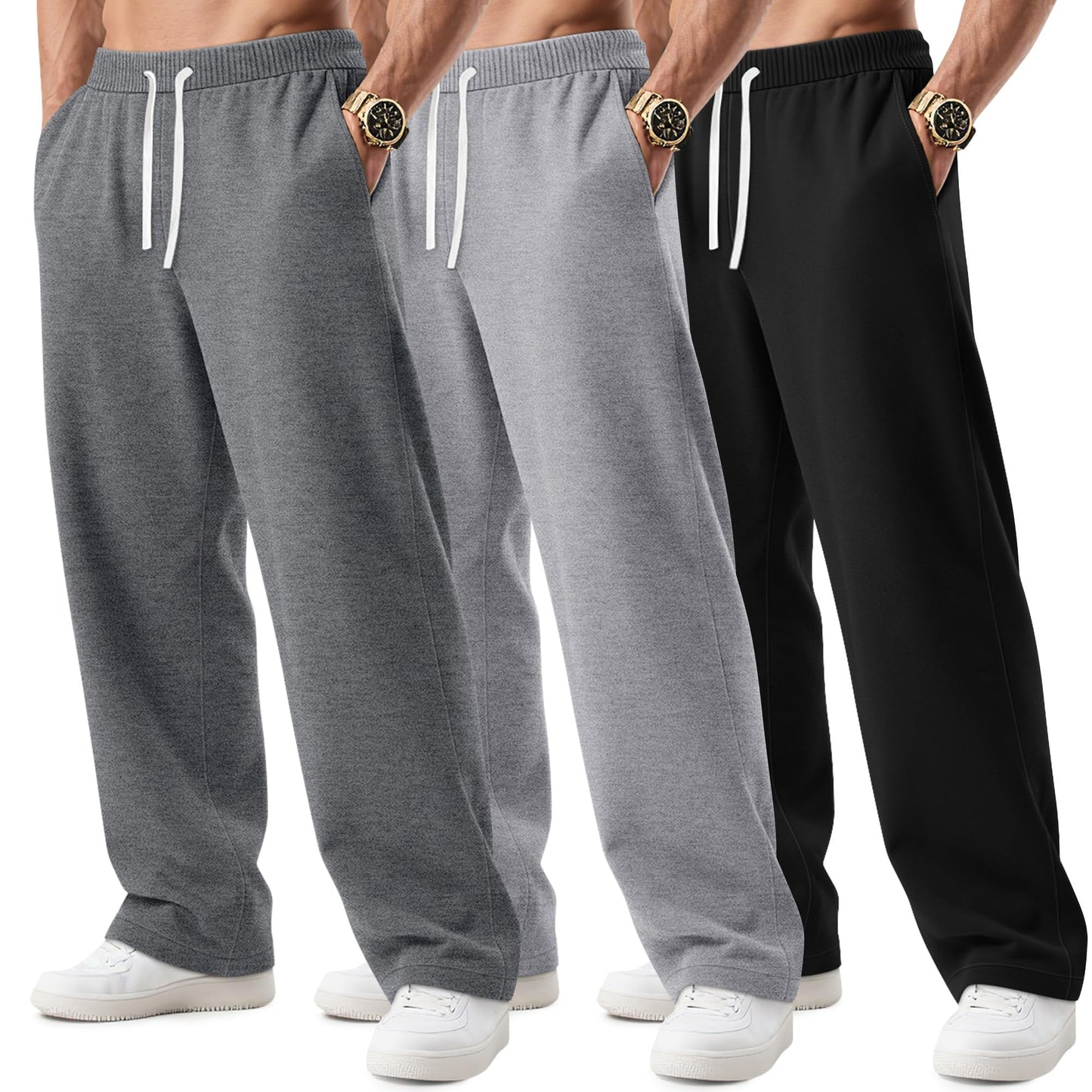 3 Pack Big and Tall Men's Sweatpants Open Bottom Athletic Pants Drawstring Elastic Waist with Pockets