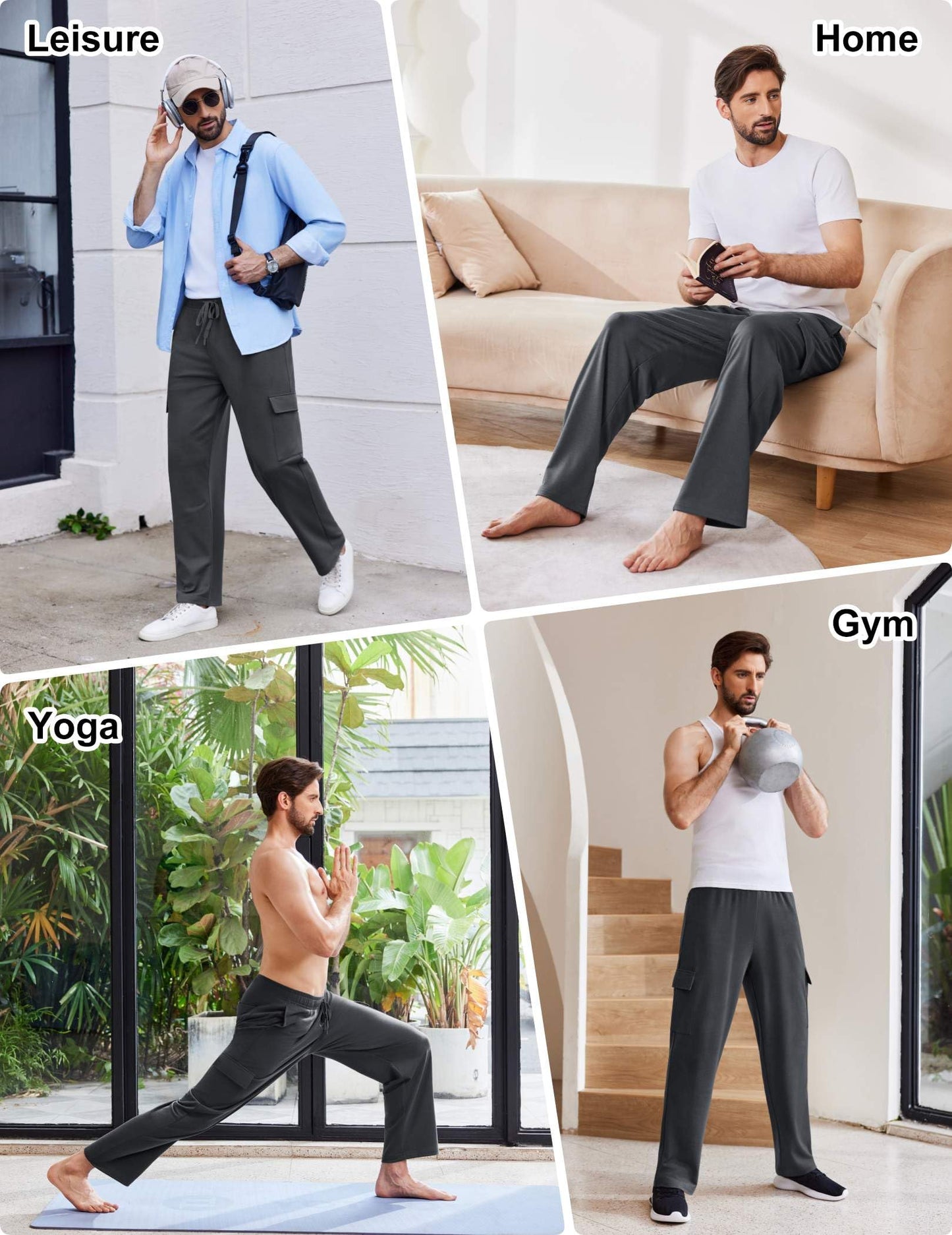 PINSPARK Cargo Sweatpants for Men with Pockets Open Bottom Baggy Cotton Sweatpants Lightweight Lounge Sweat Pants for Yoga