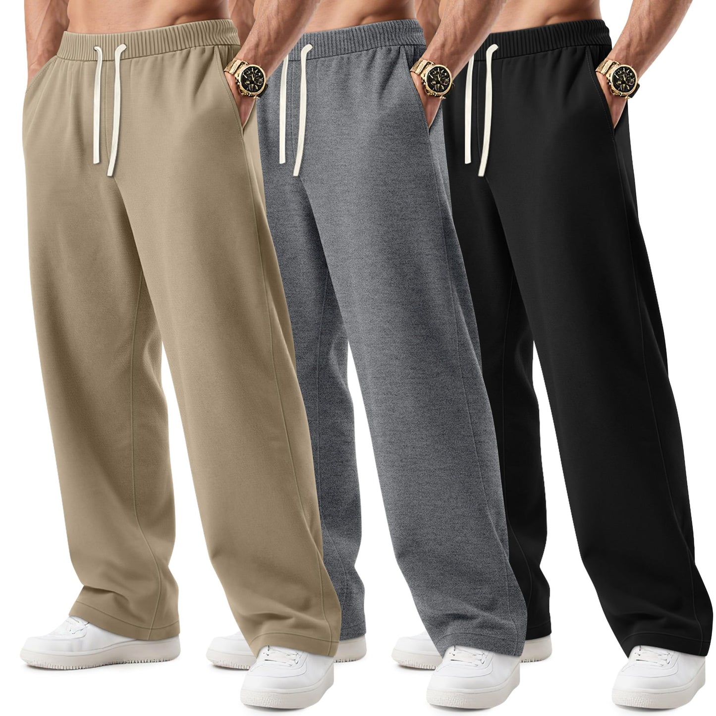 3 Pack Big and Tall Men's Sweatpants Open Bottom Athletic Pants Drawstring Elastic Waist with Pockets