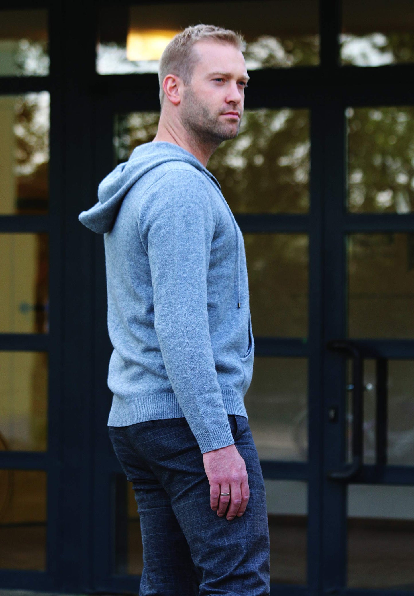 Men's Zip Hoodie Sweater 100% Cashmere Grey, Long Sleeve Jacket Front Pockets Knitted in 7 Gauge