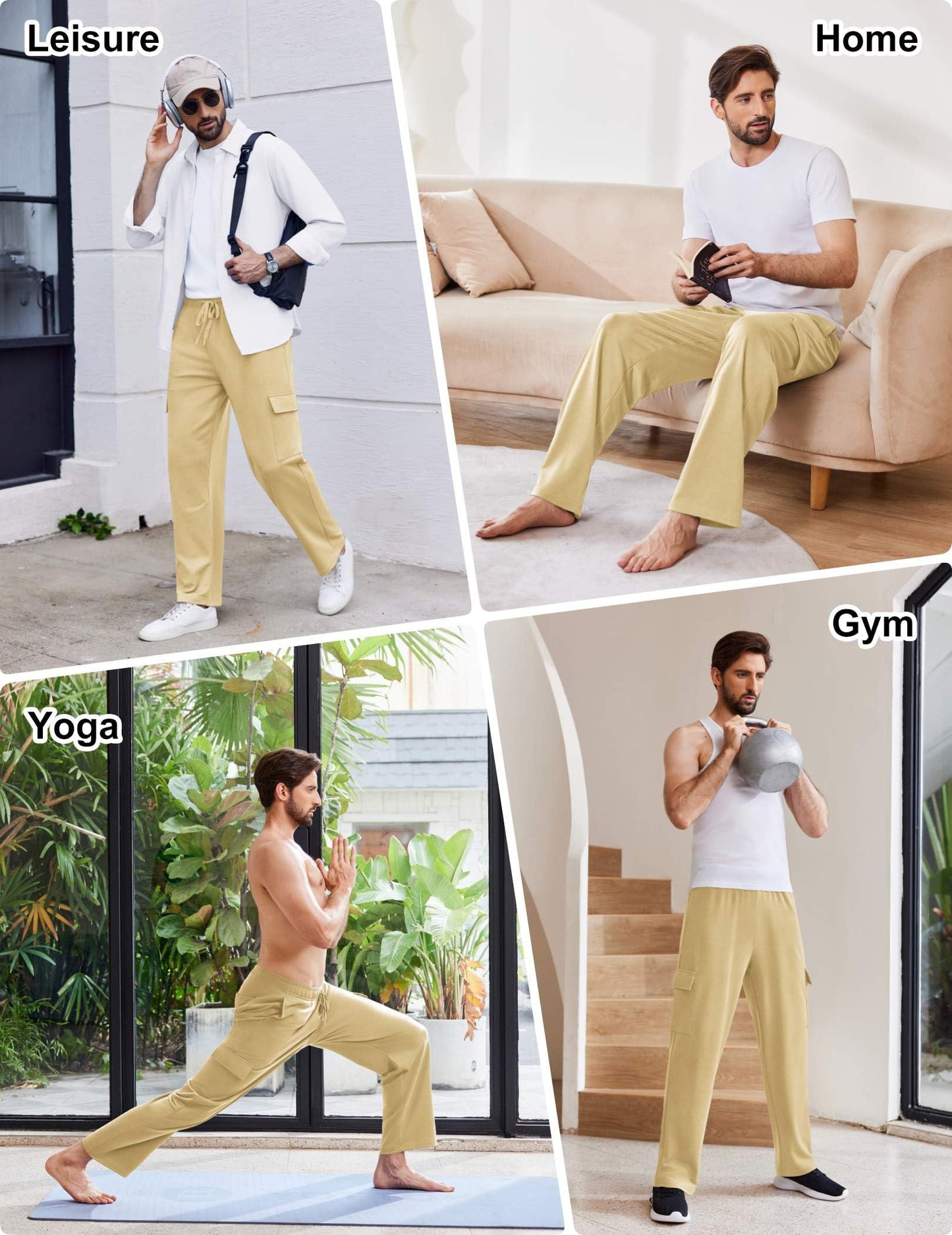 PINSPARK Cargo Sweatpants for Men with Pockets Open Bottom Baggy Cotton Sweatpants Lightweight Lounge Sweat Pants for Yoga