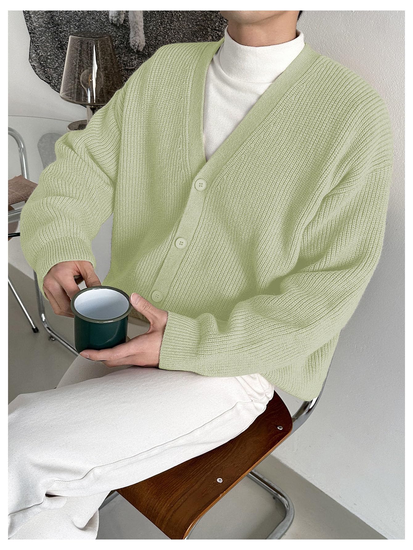 Floerns Men's Casual Long Sleeve Button Front V Neck Rib Knit Cardigan Sweaters