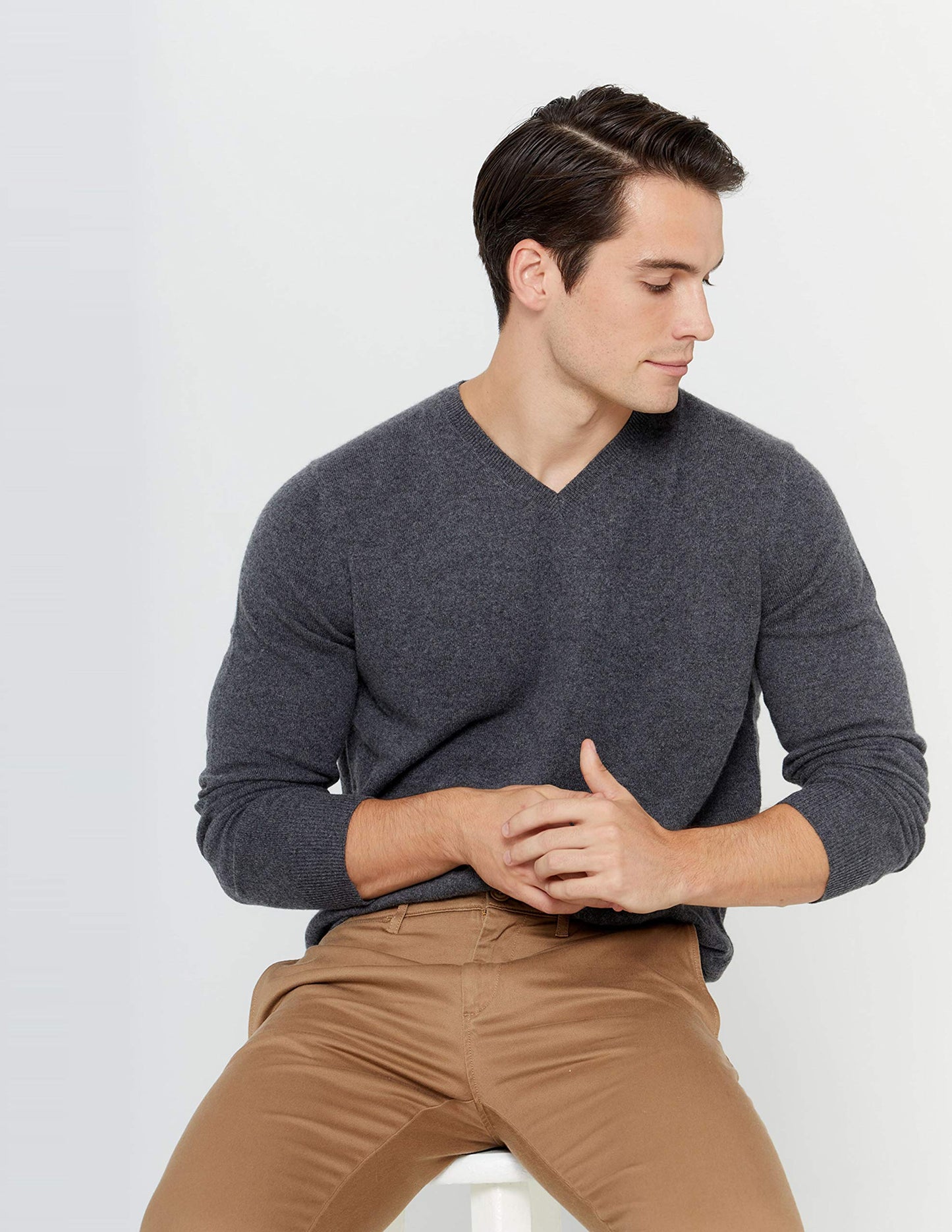 State Cashmere Men's Essential V-Neck Sweater 100% Pure Cashmere Classic Long Sleeve Pullover