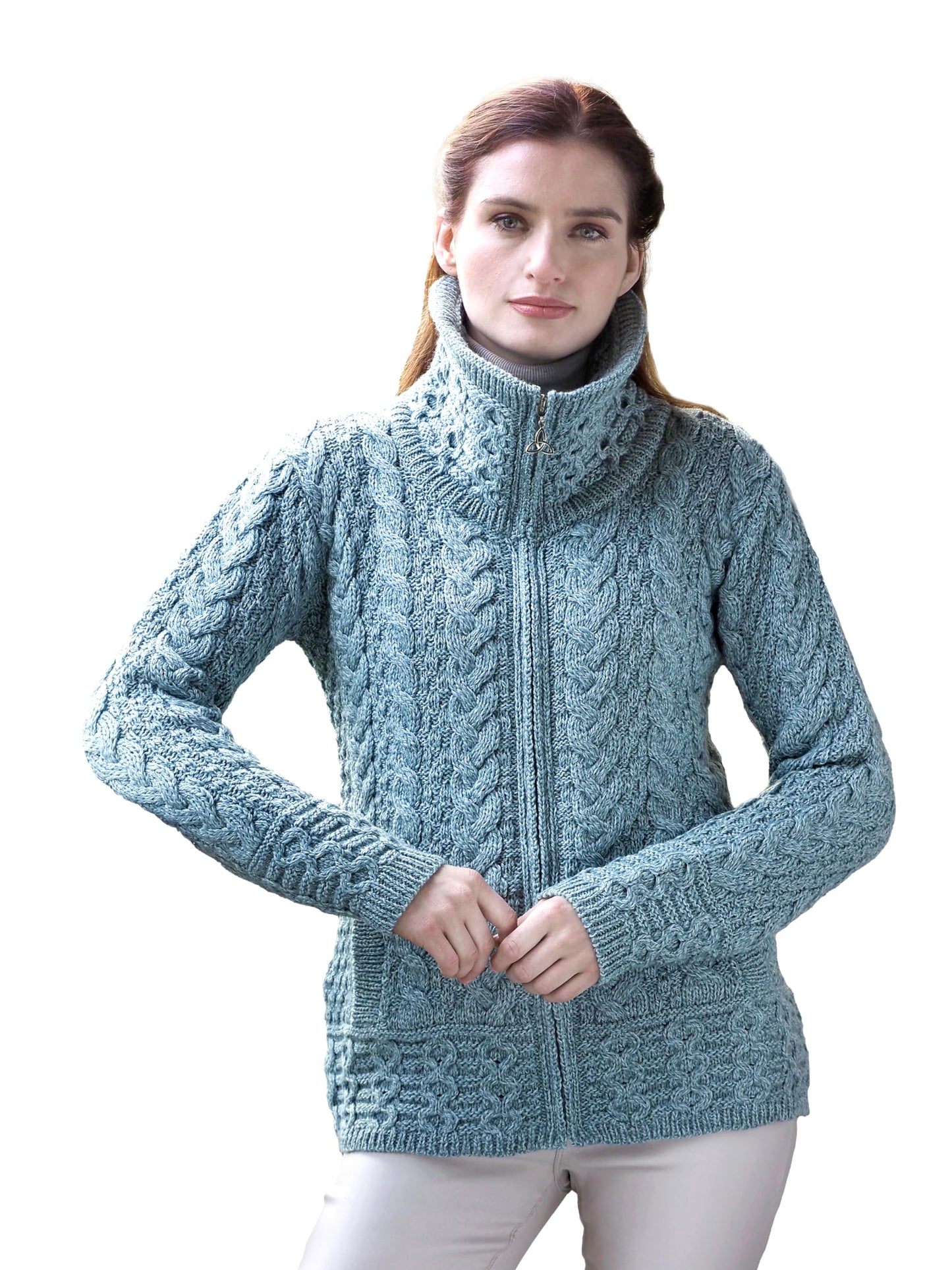 Aran Crafts Irish Women's Double Collar Zip Cardigan (100% Merino Wool)
