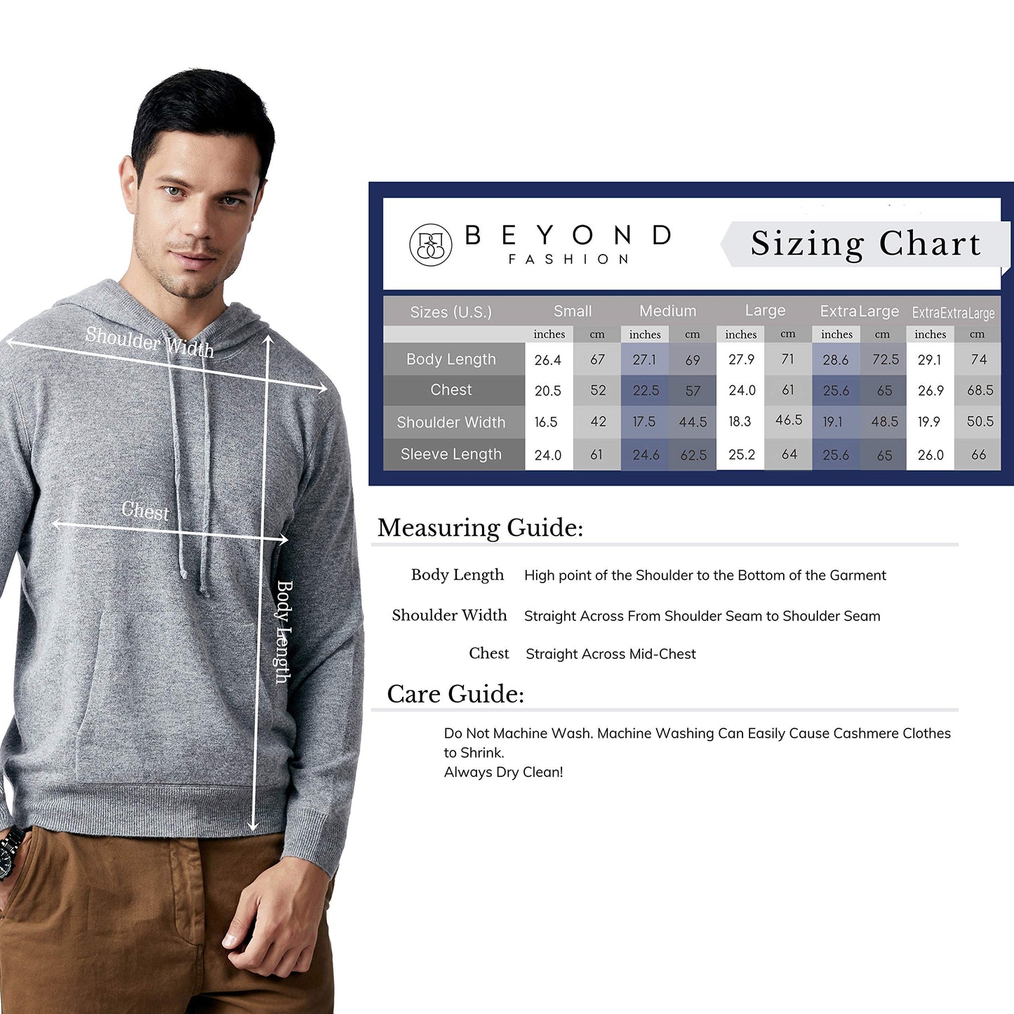 BEYOND FASHION Men's Sweater Pocket Hoodie Pullover - 100% Pure Cashmere