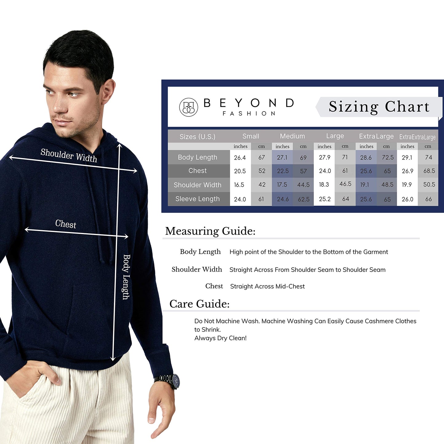 BEYOND FASHION Men's Sweater Pocket Hoodie Pullover - 100% Pure Cashmere