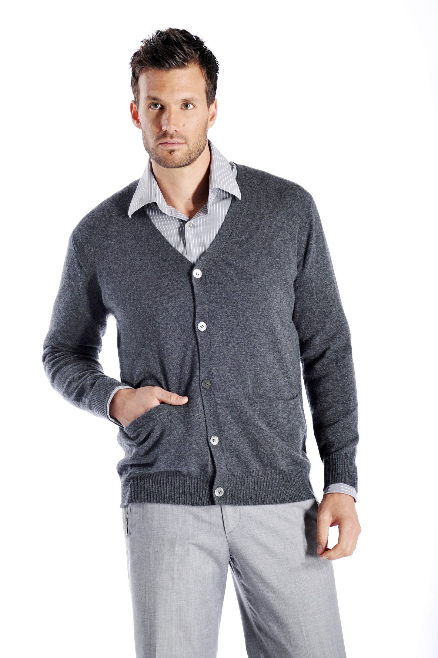 Cashmere Boutique Men's 100% Pure Cashmere Front Button Long Sleeve Cardigan Sweater